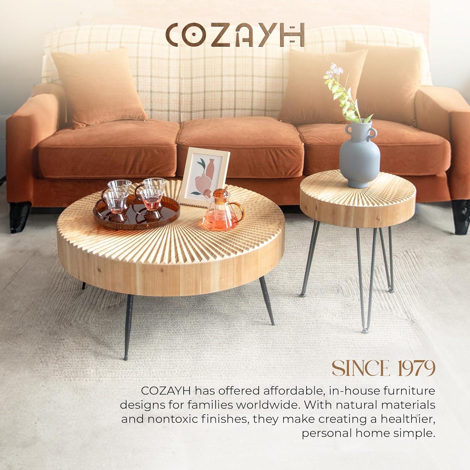 COZAYH 2-Piece Modern Farmhouse Living Room Coffee Table Set, Nesting Table Round Natural Finish with Handcrafted Wood, Radial Pattern