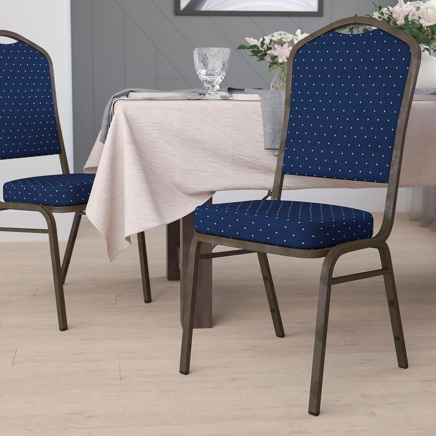 Flash Furniture HERCULES Series Crown Back Stacking Banquet Chair in Navy Blue Dot Patterned Fabric - Gold Vein Frame