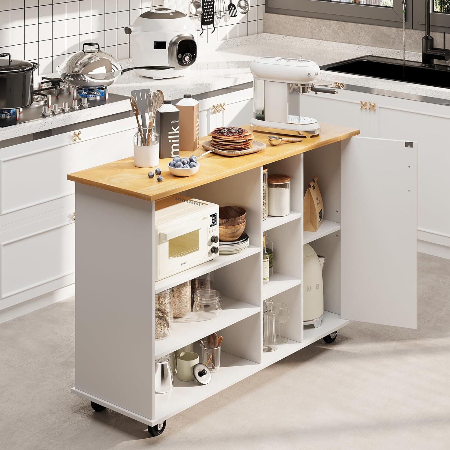 Sobaniilo Small Kitchen Island on Wheels with 3-Tier Side Spice Rack and Rubber Wood Top, Trolley Cart with Storage Cabinet & Drawer and Handle/Towel Rack, White