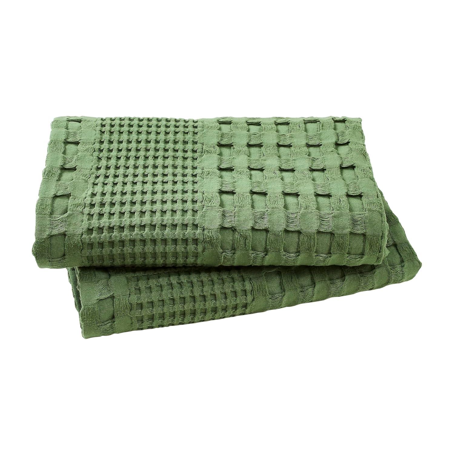 VHC Brands Waffle Weave Olive Green Standard Sham Set of 2 20x26, Decorative Throw Pillow Covers / Shams, Boho Farmhouse Bedroom Decor