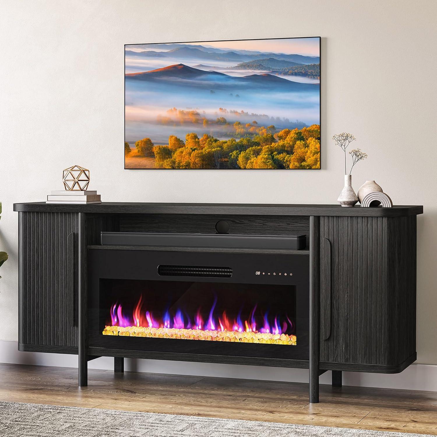 BELLEZE Durable Adjustable Shelves Television Stands, Wood Black, 66.00 x 15.40 x 30.20 Inches