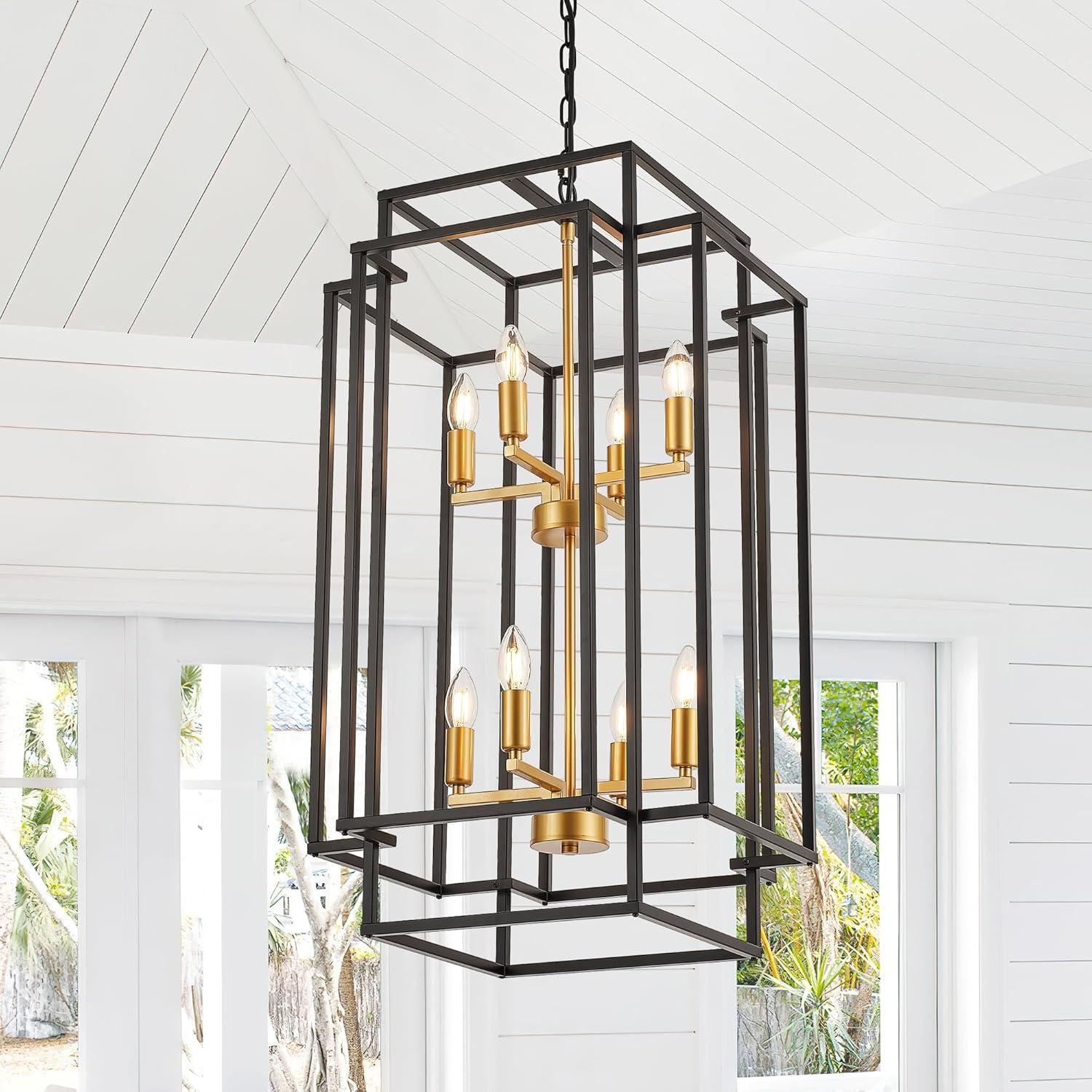 8-Light Black and Gold Industrial Lantern Chandelier