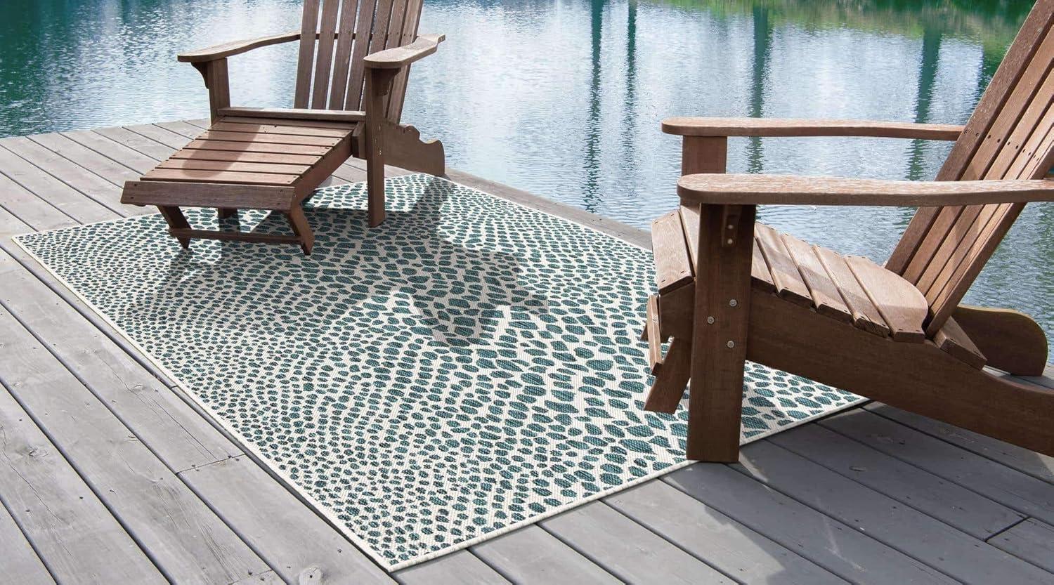 Teal and Ivory Rectangular Outdoor Area Rug, 6' x 9'