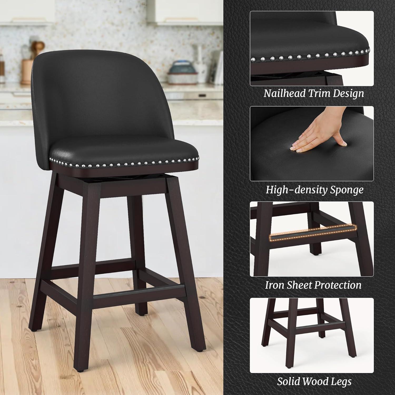 26" Black Faux Leather Swivel Counter Stools with Dark Wood Legs, Set of 3