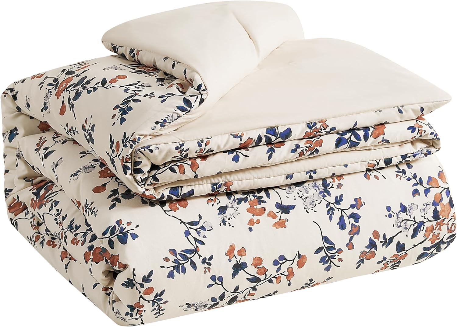 Twin Beige Floral Microfiber Reversible Comforter Set