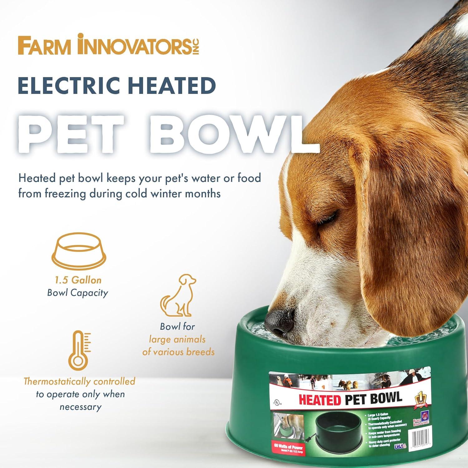 Farm Innovators P-60 1.5 Gallon Electric Heated Pet Water Bowl with Thermostatic Control and Anti Chew Cord Protector, 60 Watt, Green