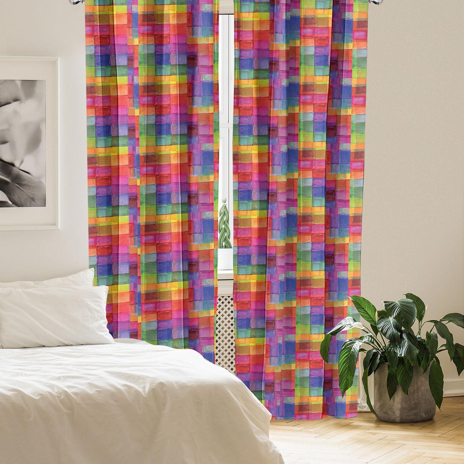 Ambesonne Abstract Curtains, Rainbow Colors Squares, Pair of 28"x63", Multicolor