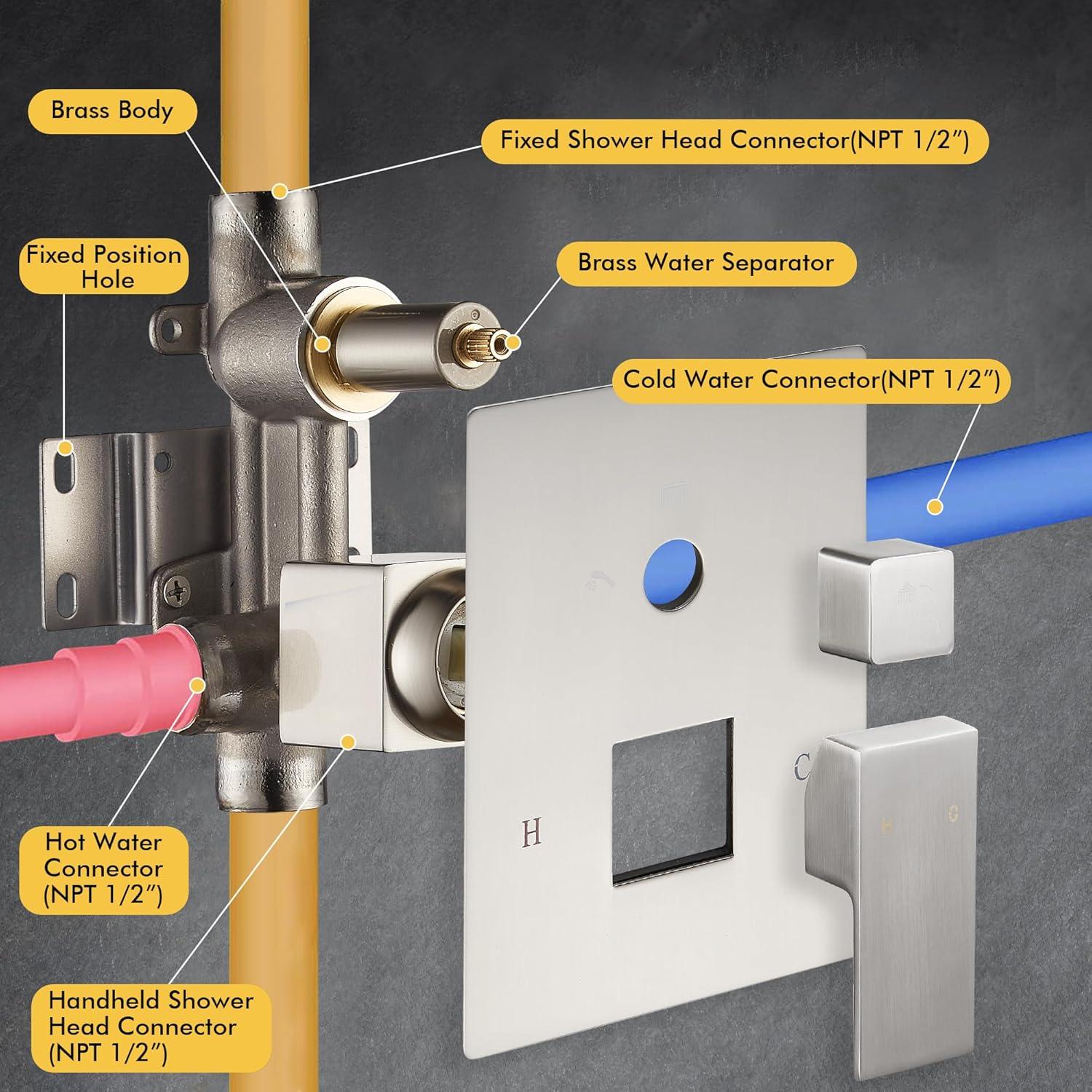 AWZTOO Wall Mounted Shower Faucet With Hand Shower Modern Shower System Set 10 Inch Rainfall Shower Head With Pressure Balance Valve Brushed Nickel