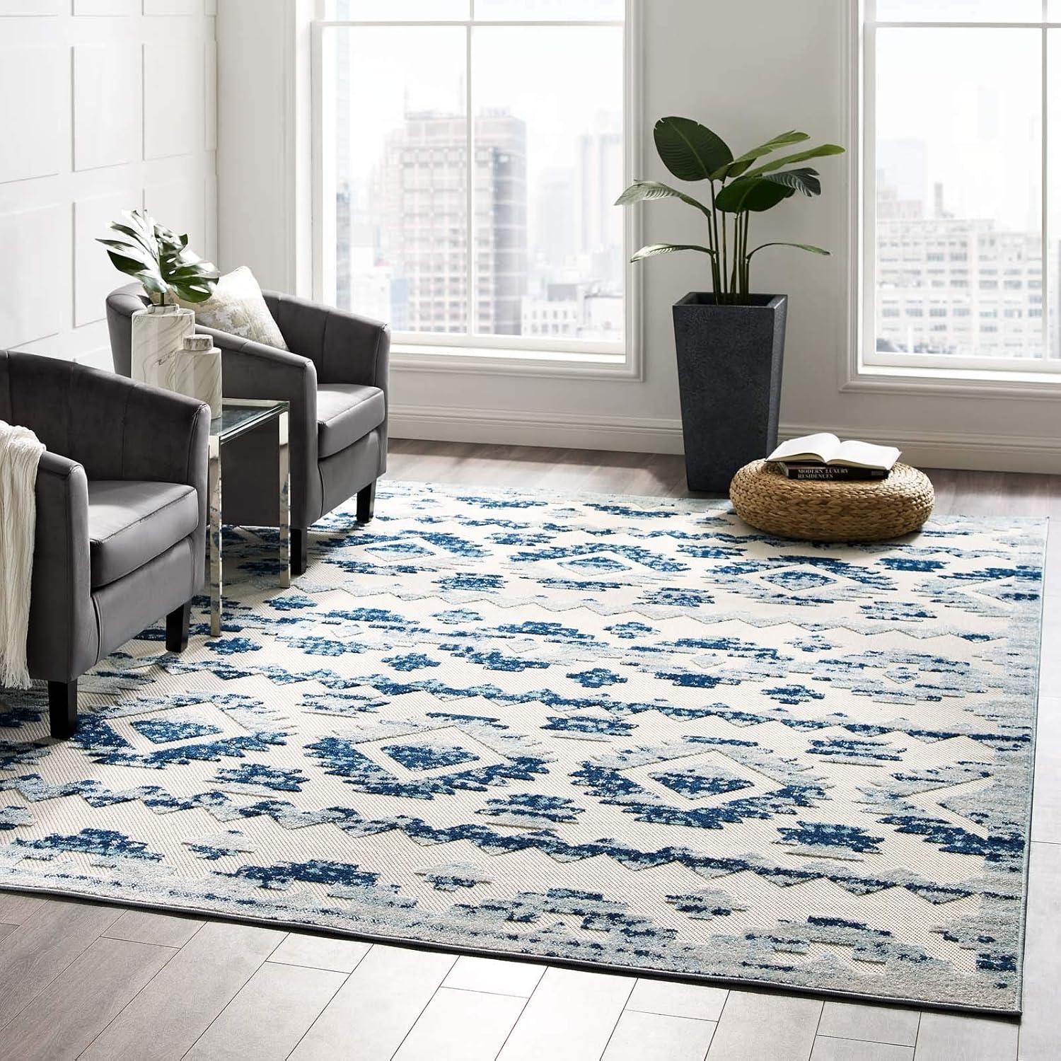 Ivory and Blue Trellis 8' x 10' Synthetic Easy-Care Area Rug