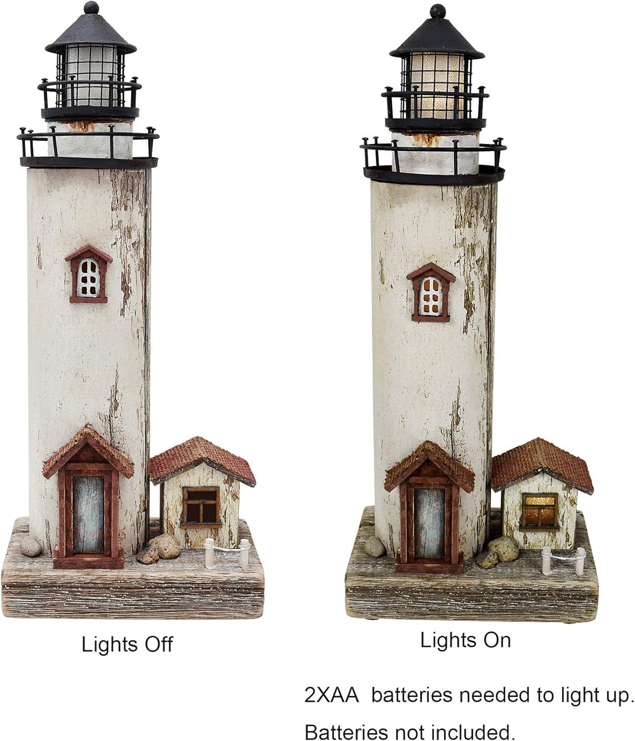 Rustic White and Brown Wooden Lighthouse Decor with LED Light
