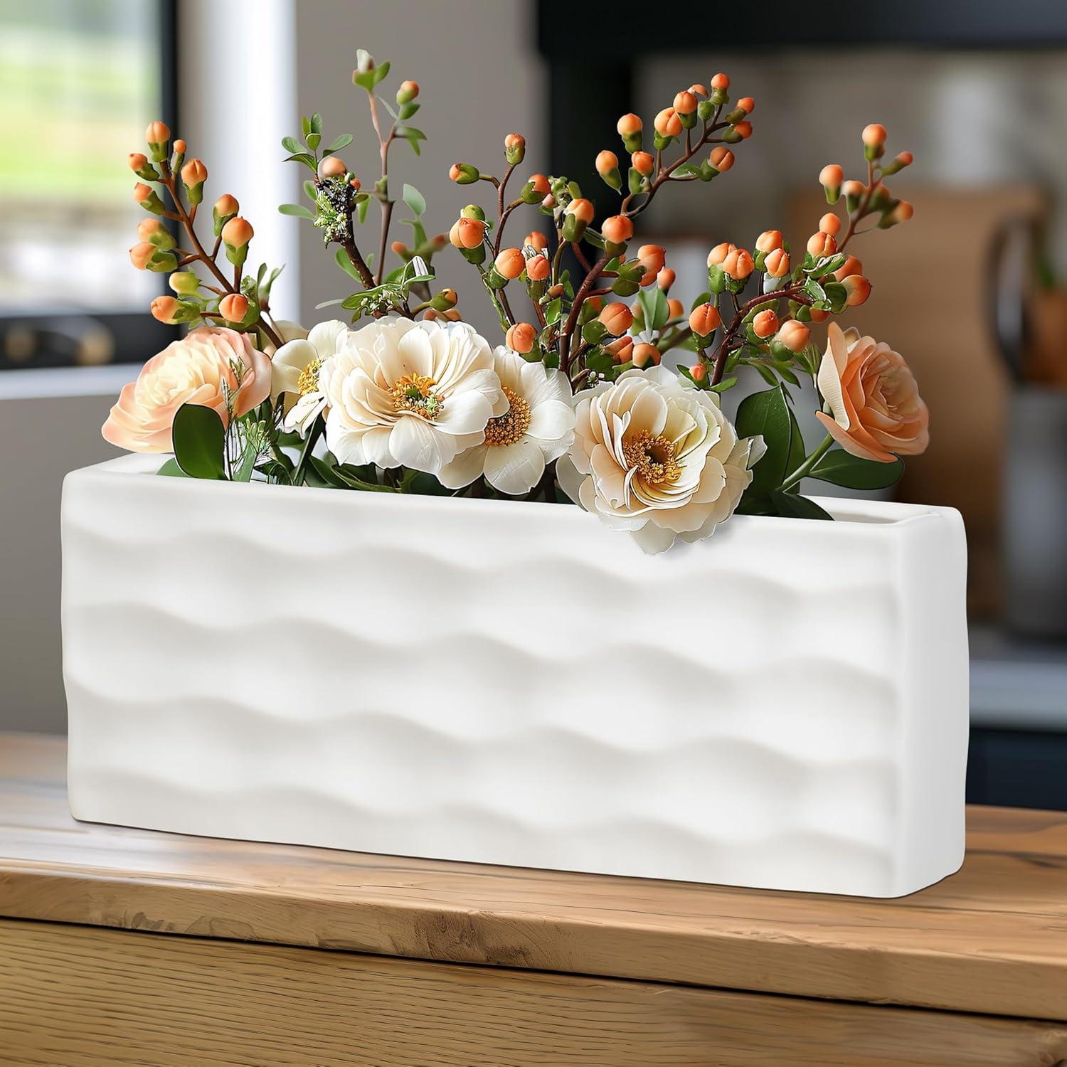 Elegant Glossy White Ceramic Rectangular Vase for Faux or Fresh Bouquets