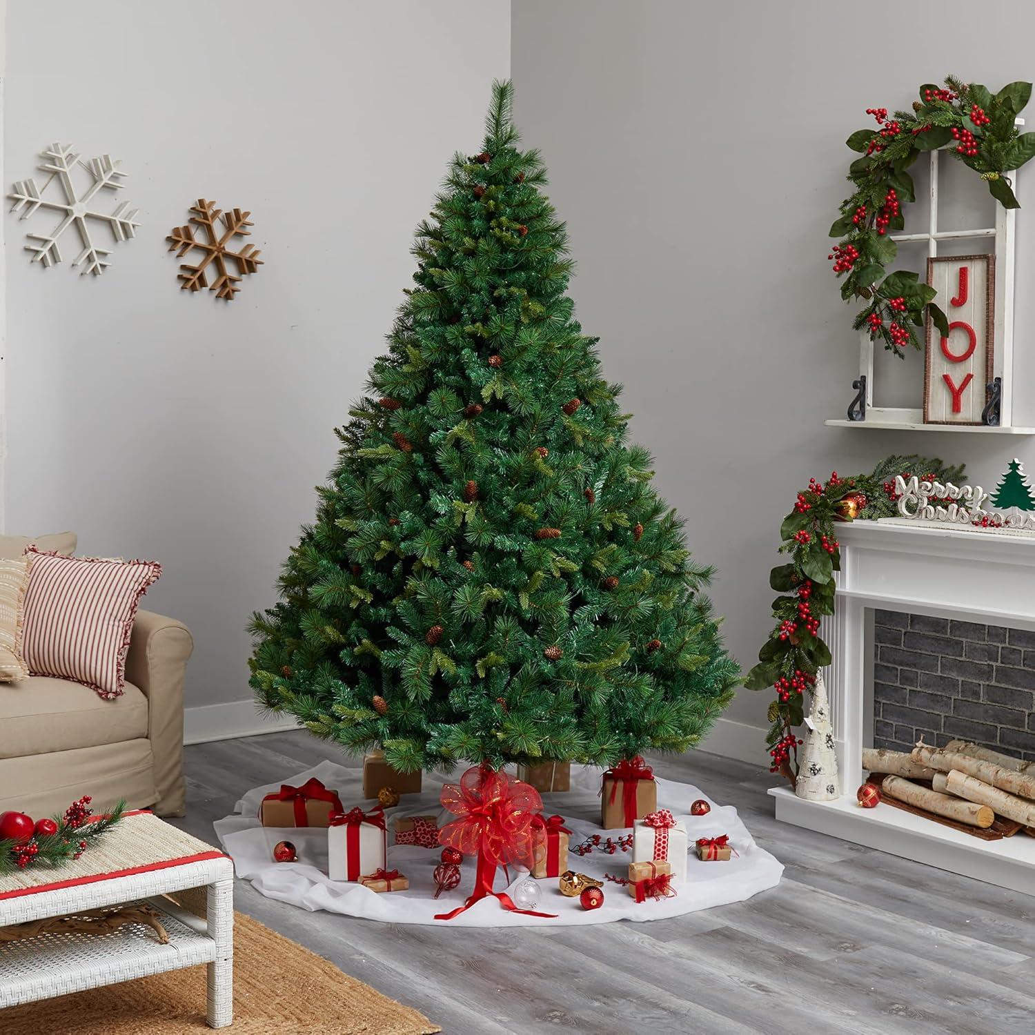 Nearly Natural 8’ West Virginia Full Bodied Mixed Pine Prelit LED Artificial Christmas Tree with Pine Cones