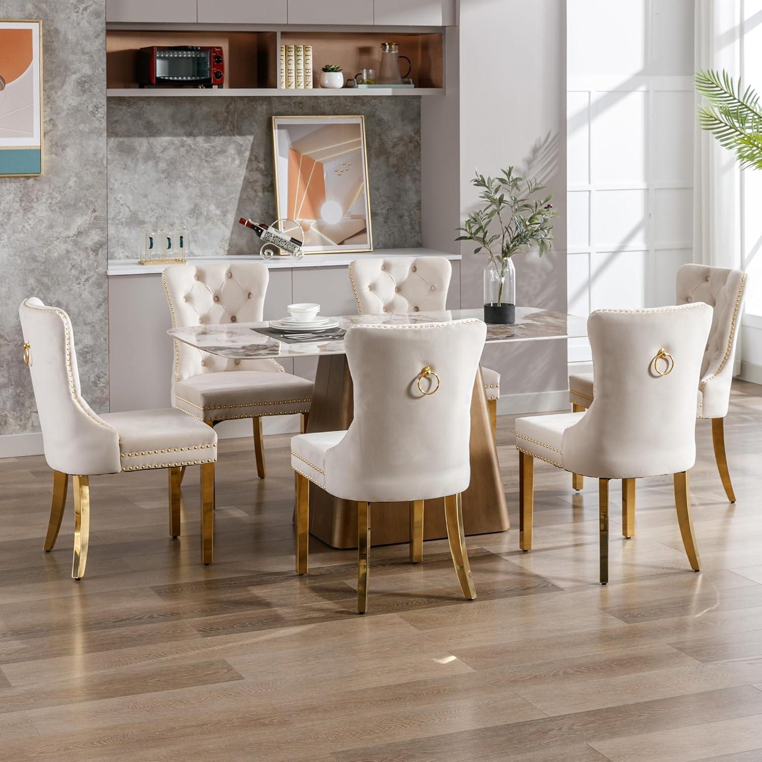 BELLEZE Upholstered Dining Chairs Set of 2, Velvet Luxury Dining Room Chairs with Button Back, Nailhead Trim, Pull-ring, Solid Wood Legs for Kitchen, Living Room, Restaurant - Chandler (Beige)