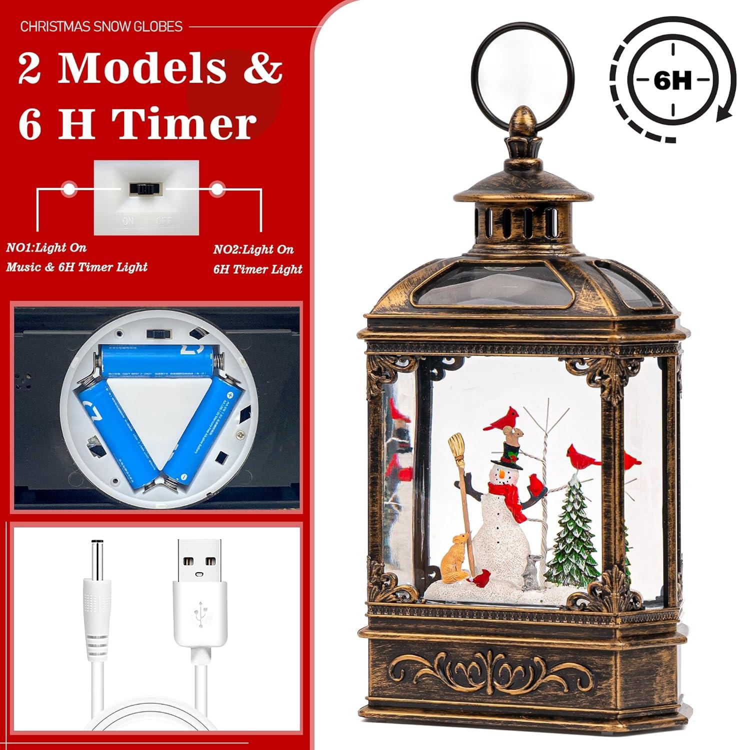 Christmas Snow Globe Lantern Water Glittering Snowman Family With Music & Timer, USB Lined/Battery Operated Lighted Lantern For Christmas Festival Decoration Gifts