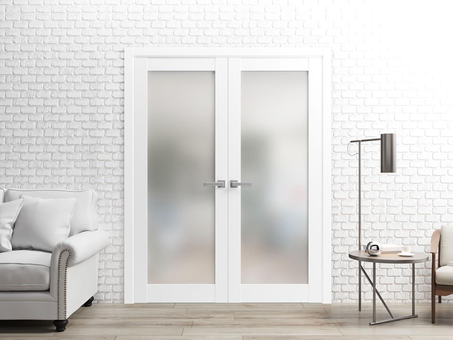 60 x 80 White Solid Wood French Double Doors with Frosted Glass