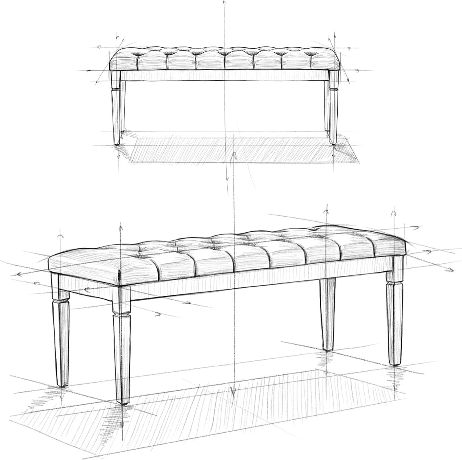 Elegant Natural Linen Tufted Pine Wood Rectangular Bench Ottoman