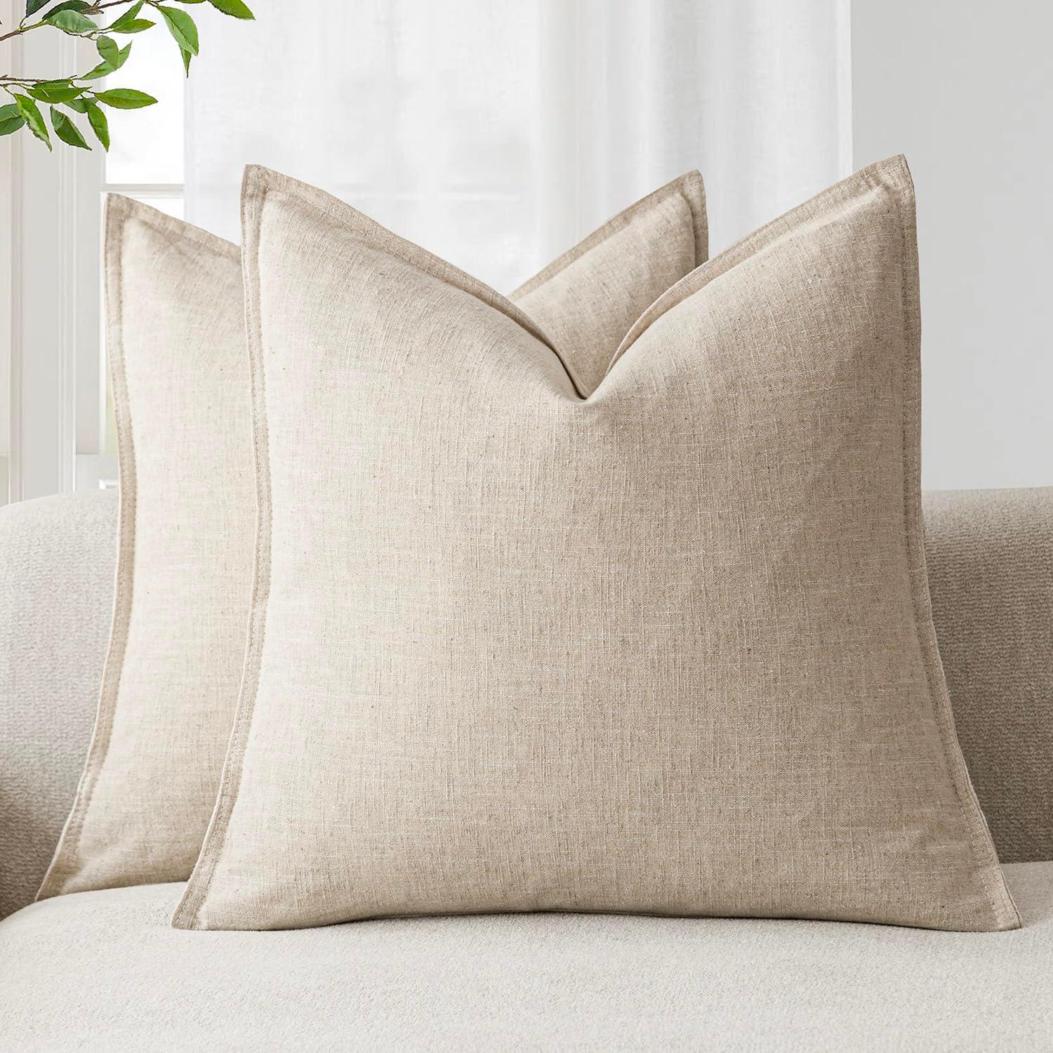 MADIZZ Set of 2 Linen Throw Pillow Covers with Broad Edge Soft Boho Decorative Pillow Cases for Sofa Bedroom Modern Pillow Shell 18x18 Inch Beige