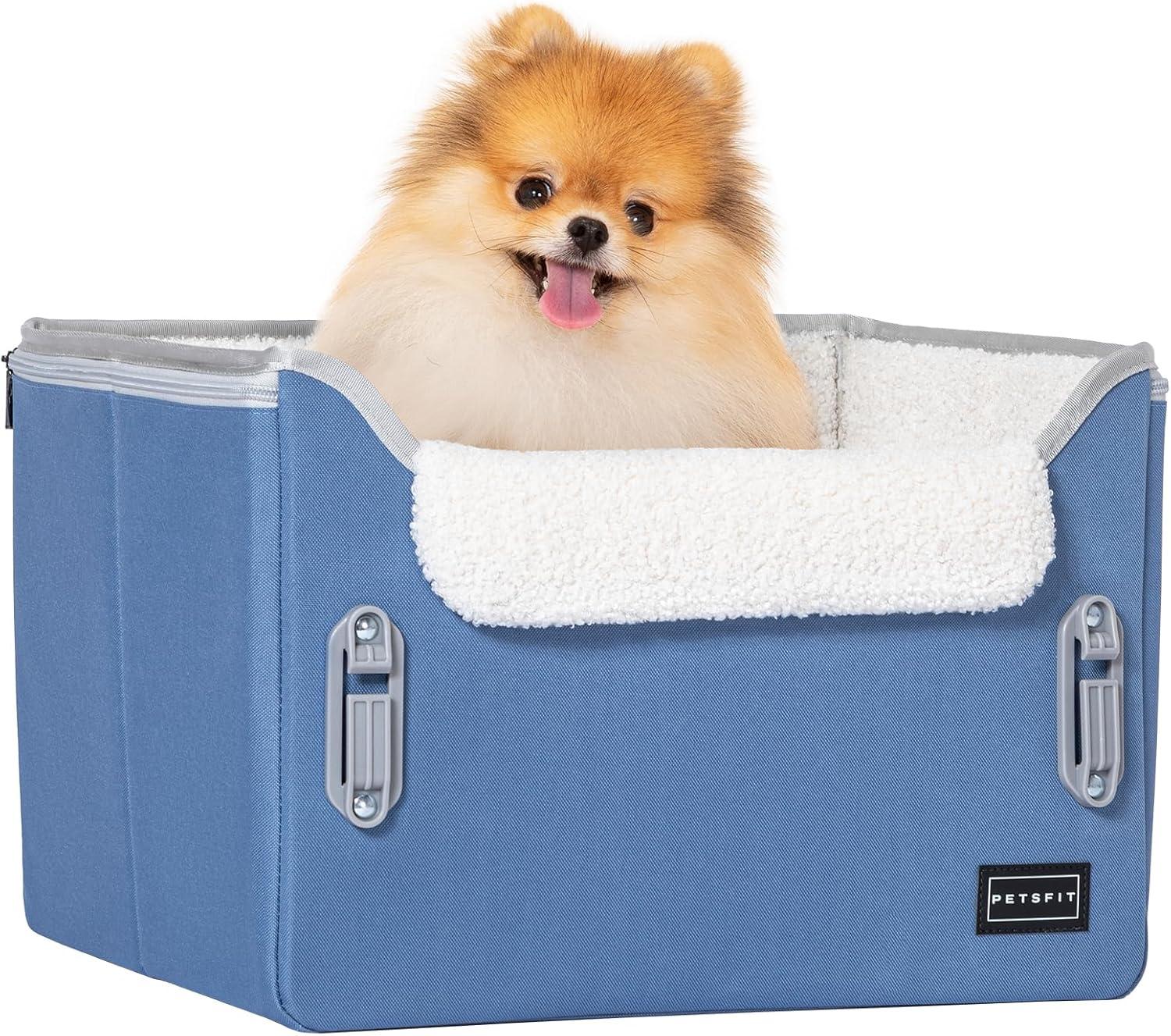 PETSFIT Small Dog Car Seat, Puppy Portable Dog Booster seat for Car with Clip-On Leash, Adjustable Straps Suitable for Small Pets Up to 25lbs ,Navy Blue