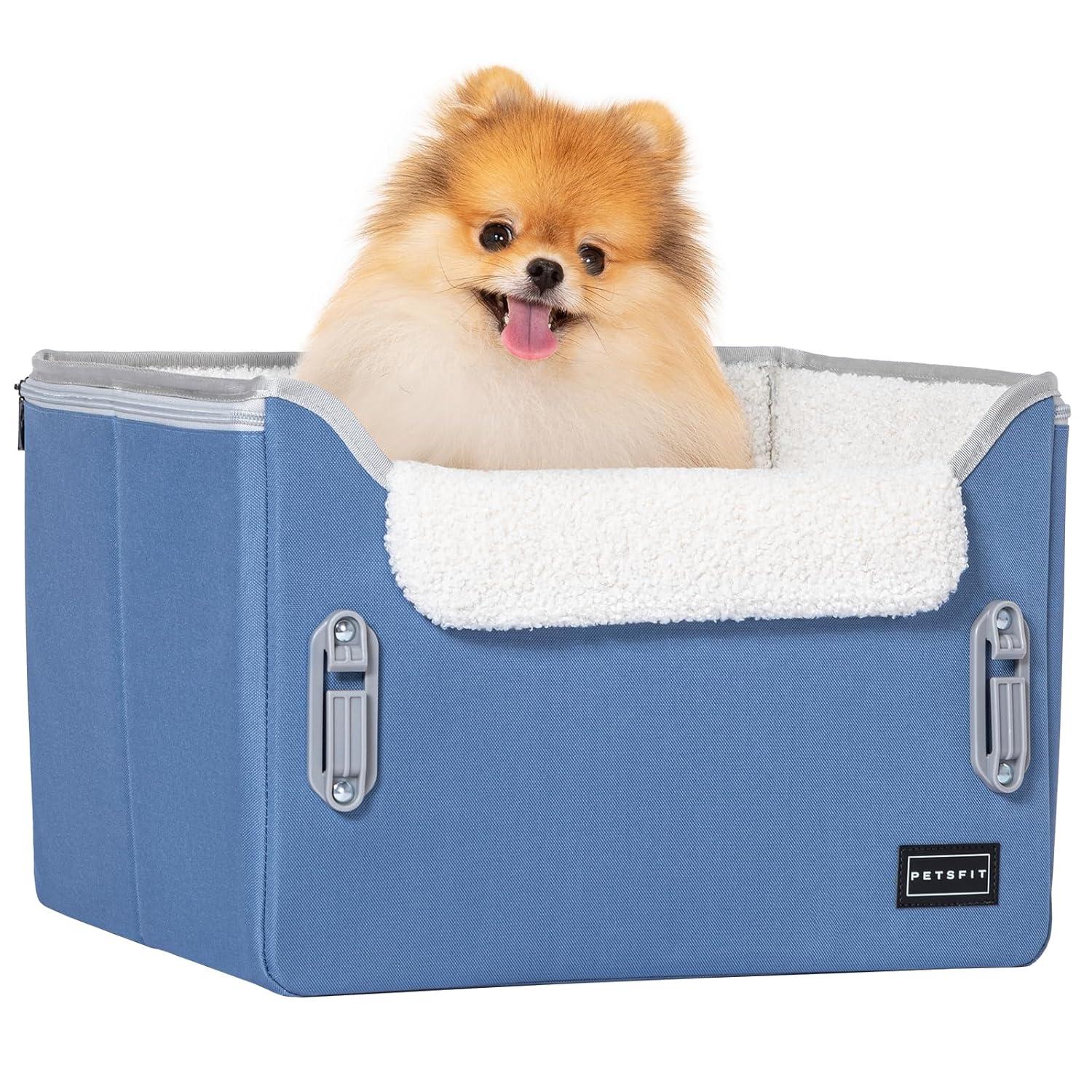 PETSFIT Small Dog Car Seat, Puppy Portable Dog Booster seat for Car with Clip-On Leash, Adjustable Straps Suitable for Small Pets Up to 25lbs ,Navy Blue