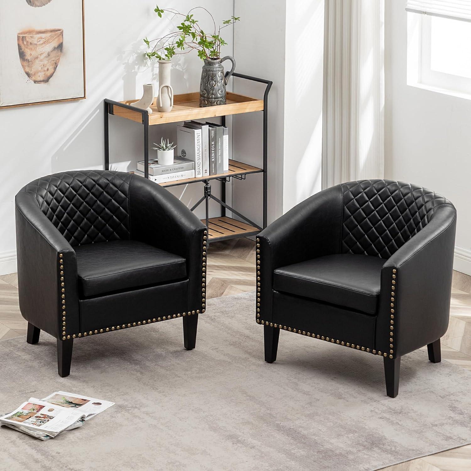 Black Faux Leather Barrel Chairs with Nailhead Trim, Set of 2