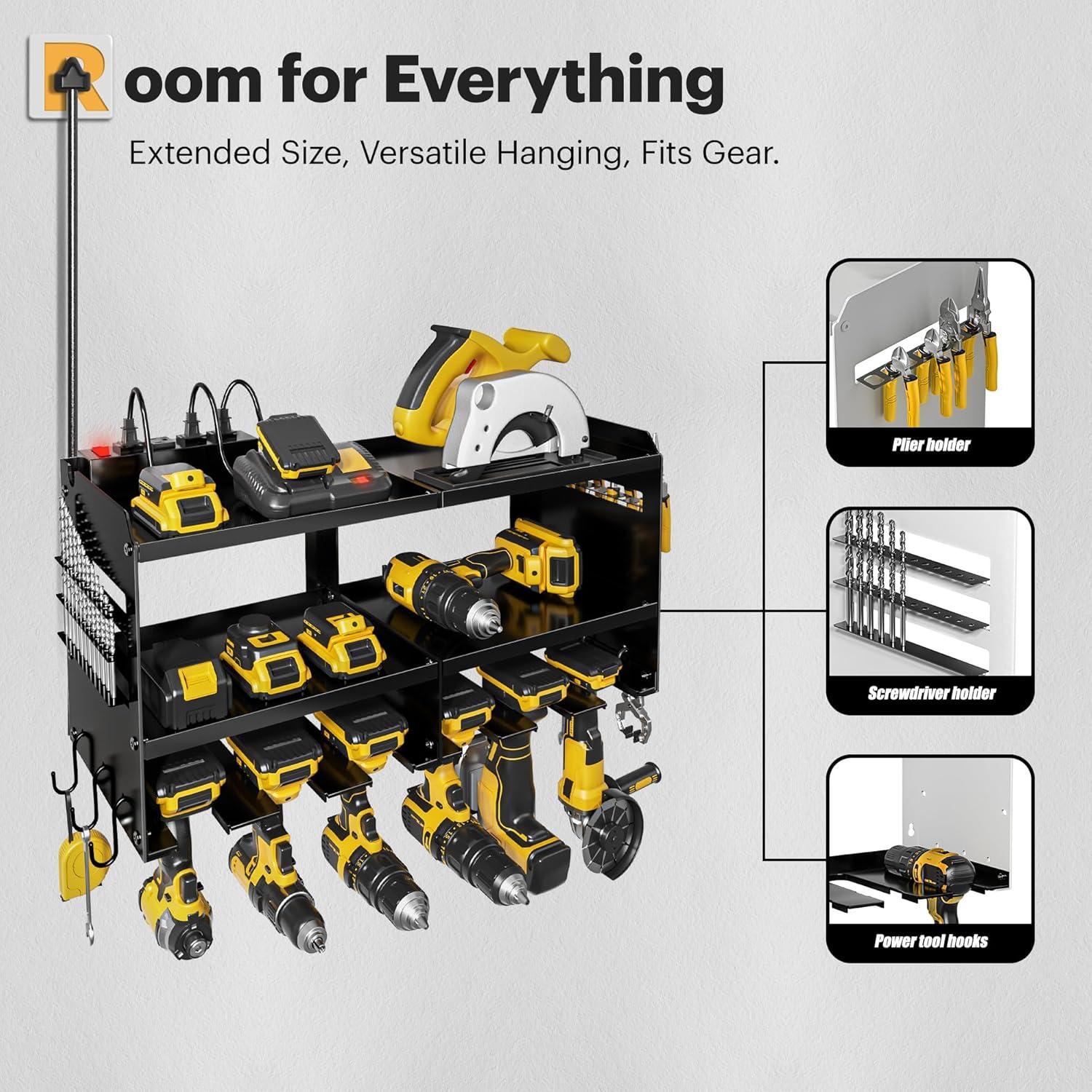 Power Tool Organizer Wall Mount with Charging Station, Garage Tool Shelf 6 Drill Holders, Tool Battery Holder with Screwdriver Heavy Duty Rack, Tool Storage Rack with 4 Outlet Power Strip