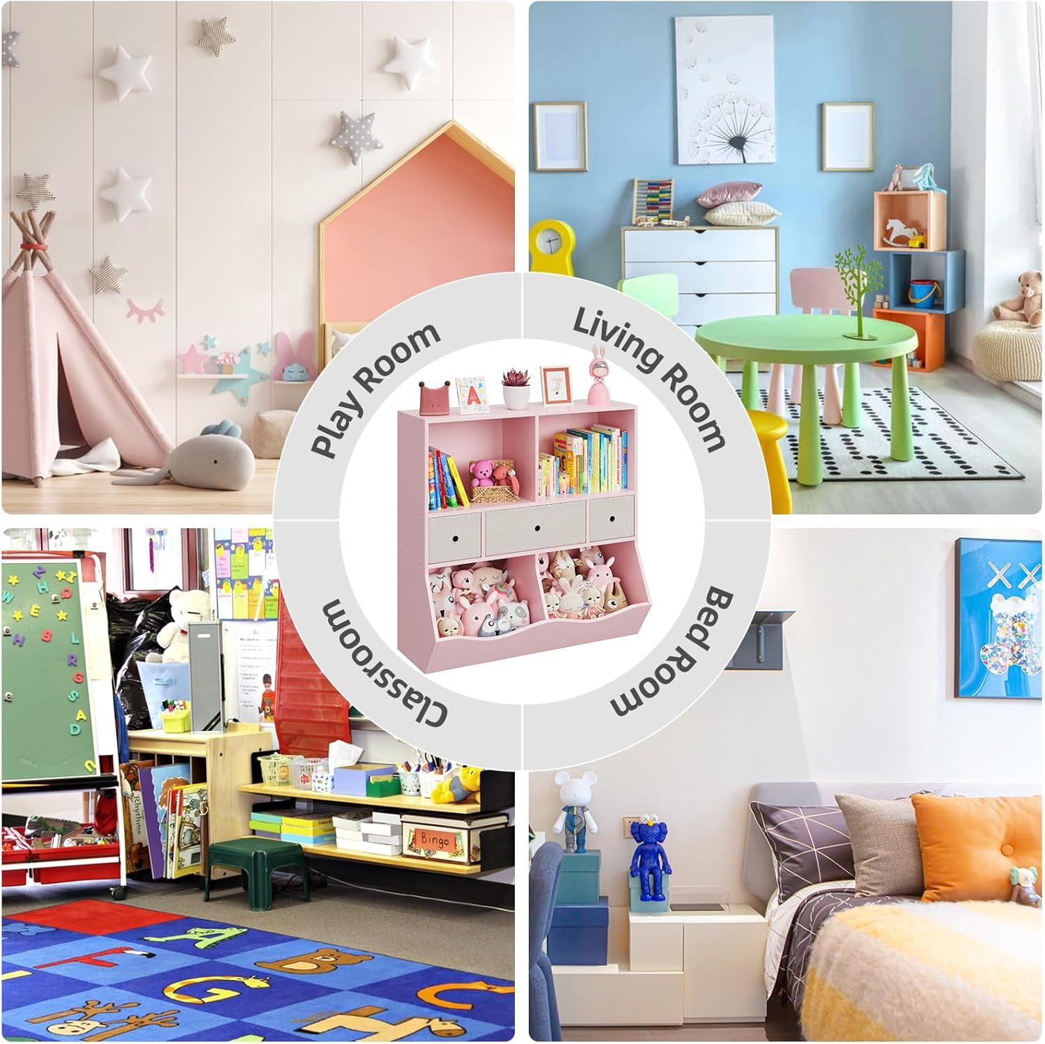 3-Tier Kids Bookshelf, Toy Storage Organizer with 3 Drawers,Wooden Bookcase with Large Toy Storage Cabinet for Playroom