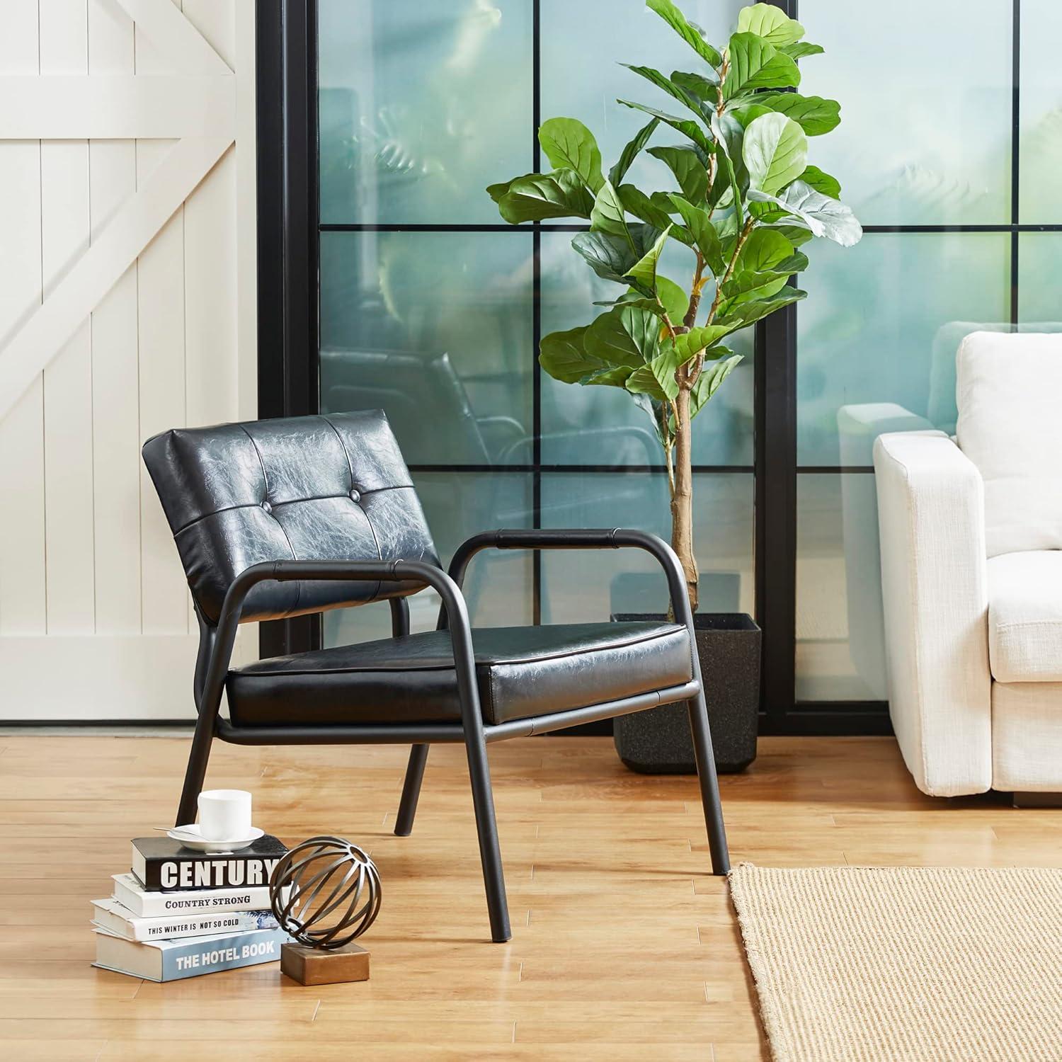 Mid-Century Modern Leatherette Arm Accent Chair Frosted Black Metal Frame Black - Glitzhome