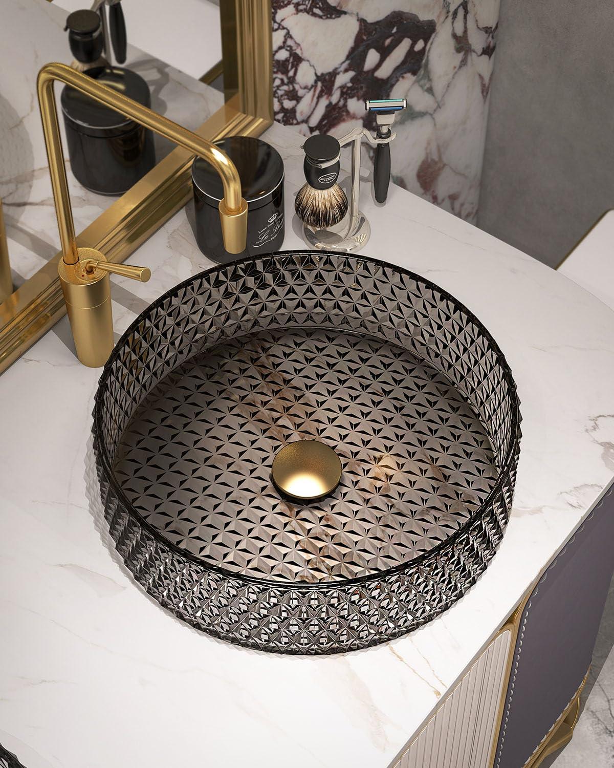 Homary 15" Vessel Transparent Diamond Shaped Crystal Glass Bathroom Wash Sink in Black