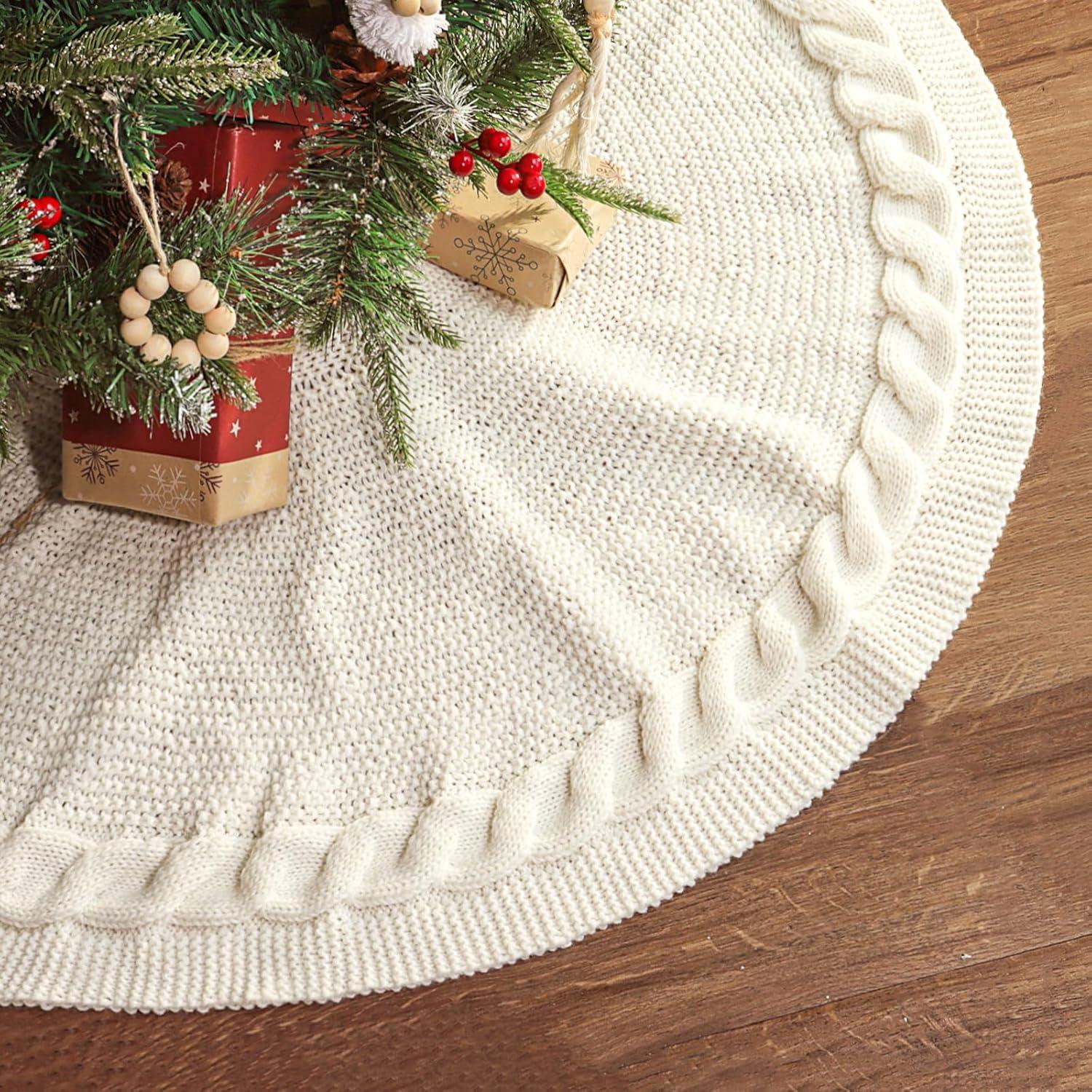 Cream White 36-Inch Cable Knit Christmas Tree Skirt