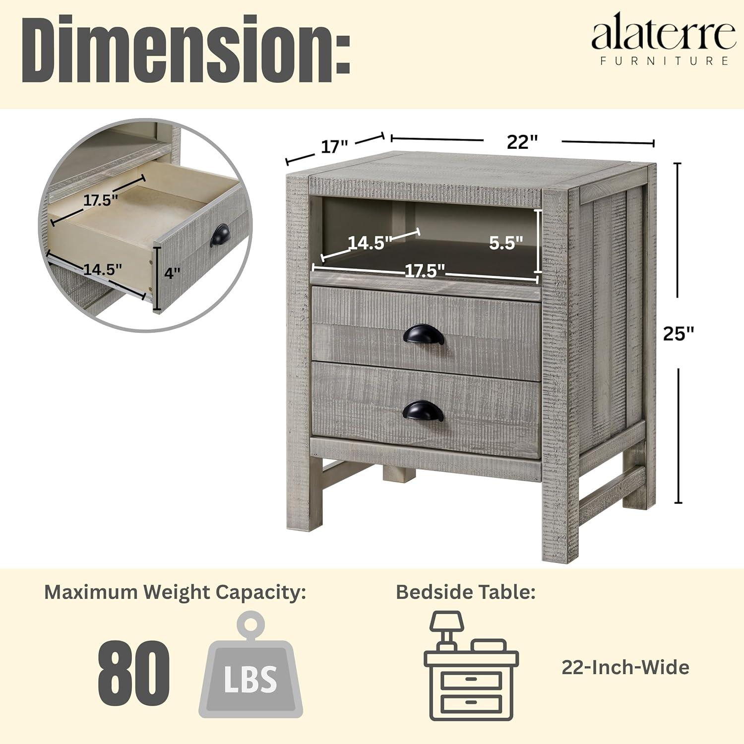 Windsor 2-Drawer Wood Nightstand for Kids Bedroom - Rustic Painted Finish, Metal Glides, Open Shelf Storage, Pine Wood Construction, 22 in. W x 17 in. D x 25 in. H, Distressed Look