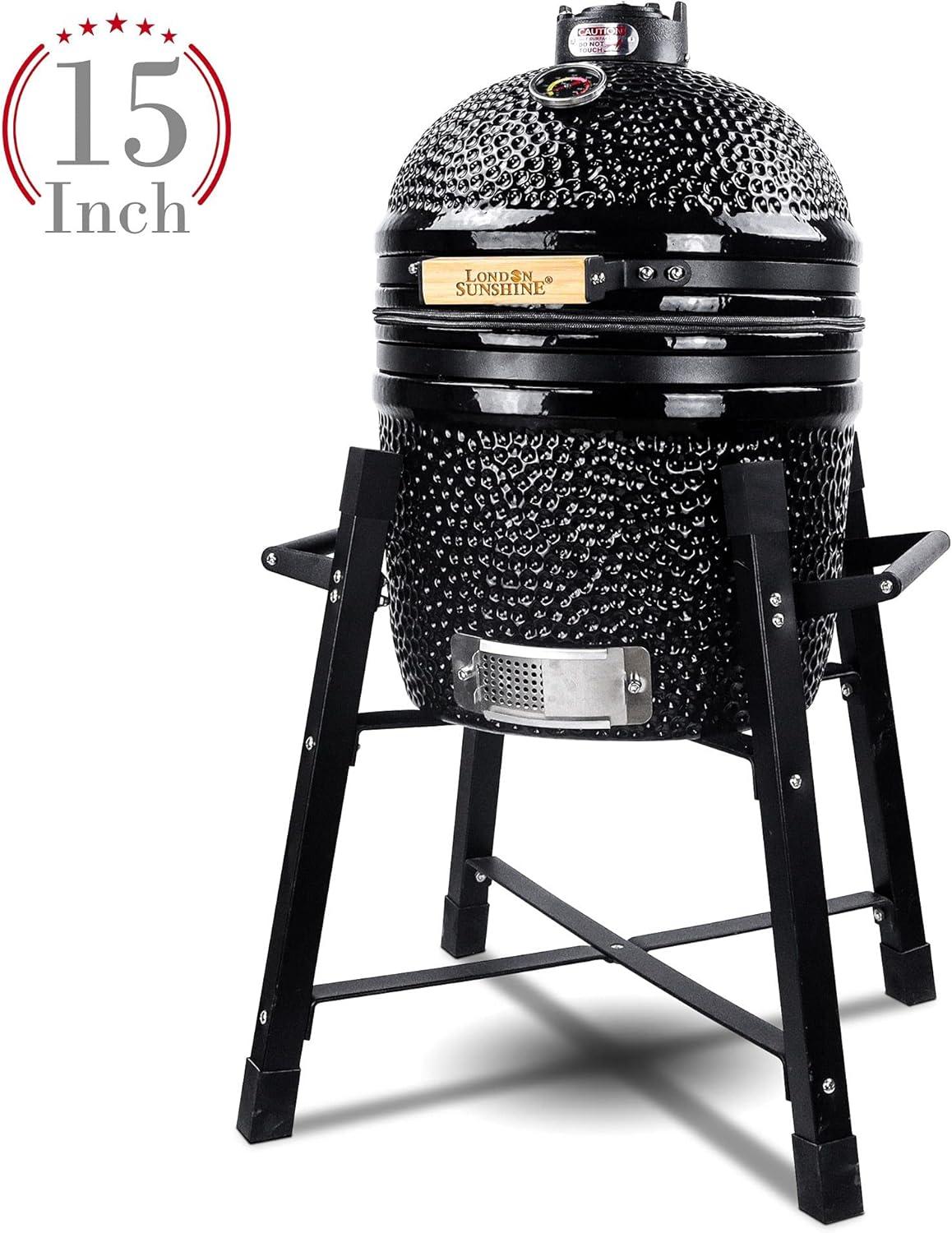 London Sunshine Ceramic Kamado Charcoal BBQ Grill -The Junior Series with Tall Stand (BLACK)