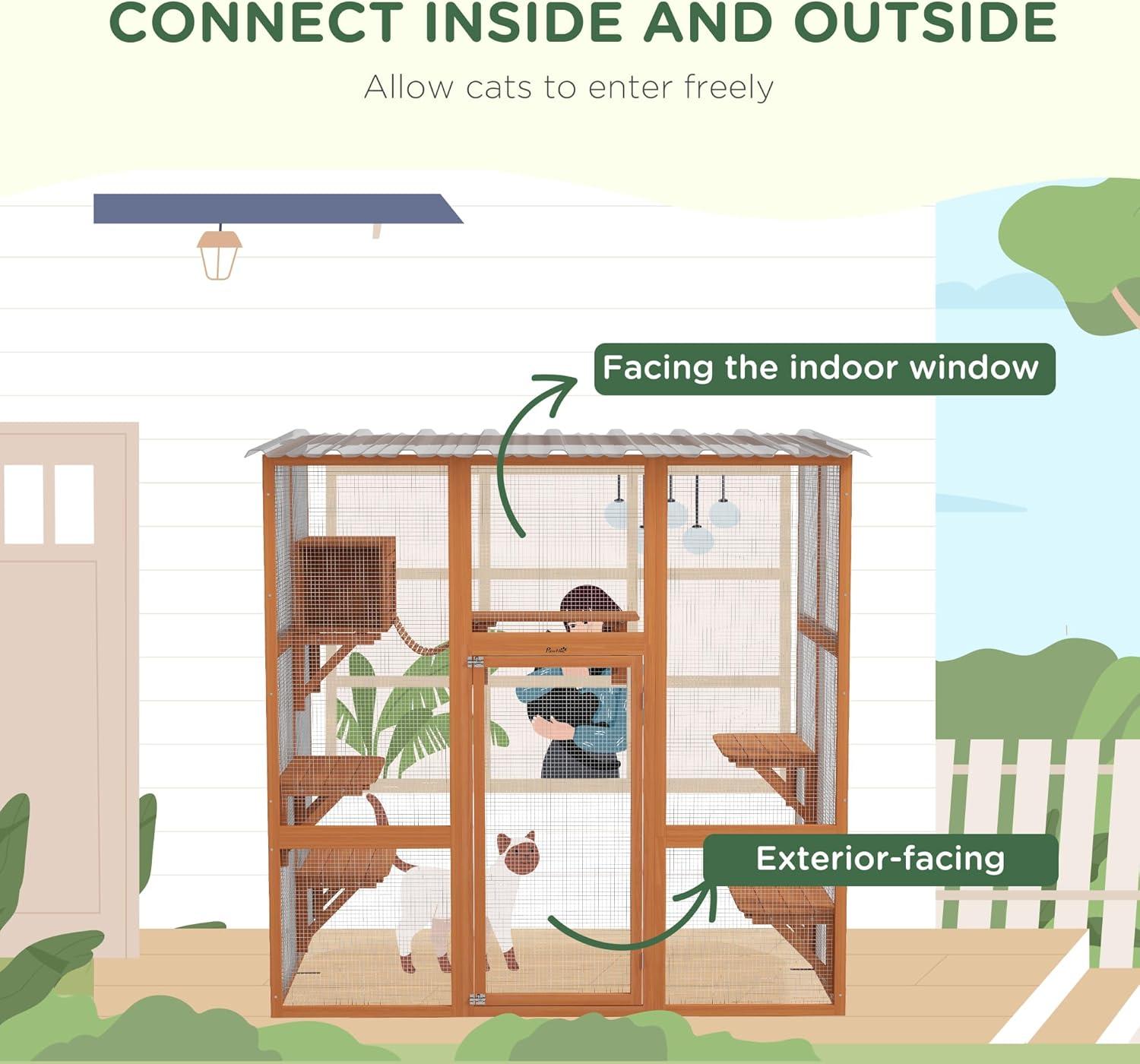 PawHut Catio, Outdoor Cat Enclosure Window Box Wooden Cat House w/ Weather Protection Roof for 2 Kitties with Resting Box, Platforms & Bridge