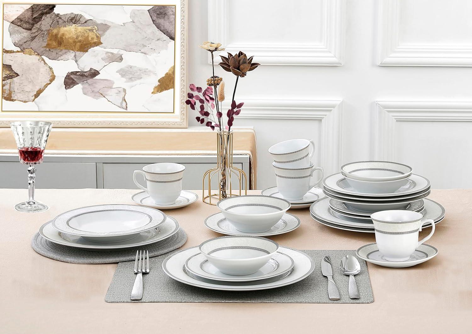 Silver Floral Porcelain 24-Piece Dinnerware Set, Service for 4