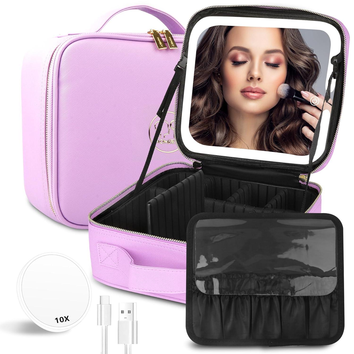 MOMIRA Travel Cosmetic Train Case with Lighted Mirror 3 Color Scenarios Cosmetic Bag Organizer with Adjustable Dividers Makeup Storage for Women, Makeup Accessories & Tools Case Purple