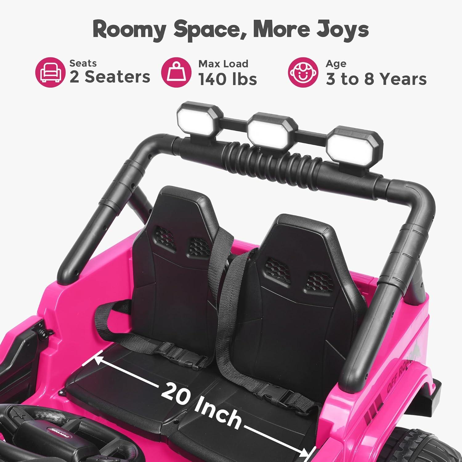 FUNTOK 24 Volt 2 Seater Kids Ride on Truck w/ 20 " Large Seat, 4 x 200W Motor Electric Vehicle Car, 4WD/2WD Switchable Battery Powered Ride on Toy, 3 Speeds with Remote Control & LED Lights, Pink