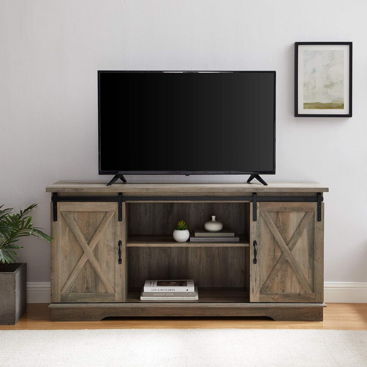 58" Modern Farmhouse Wood TV Stand with Sliding Barn Doors - Solid White Oak