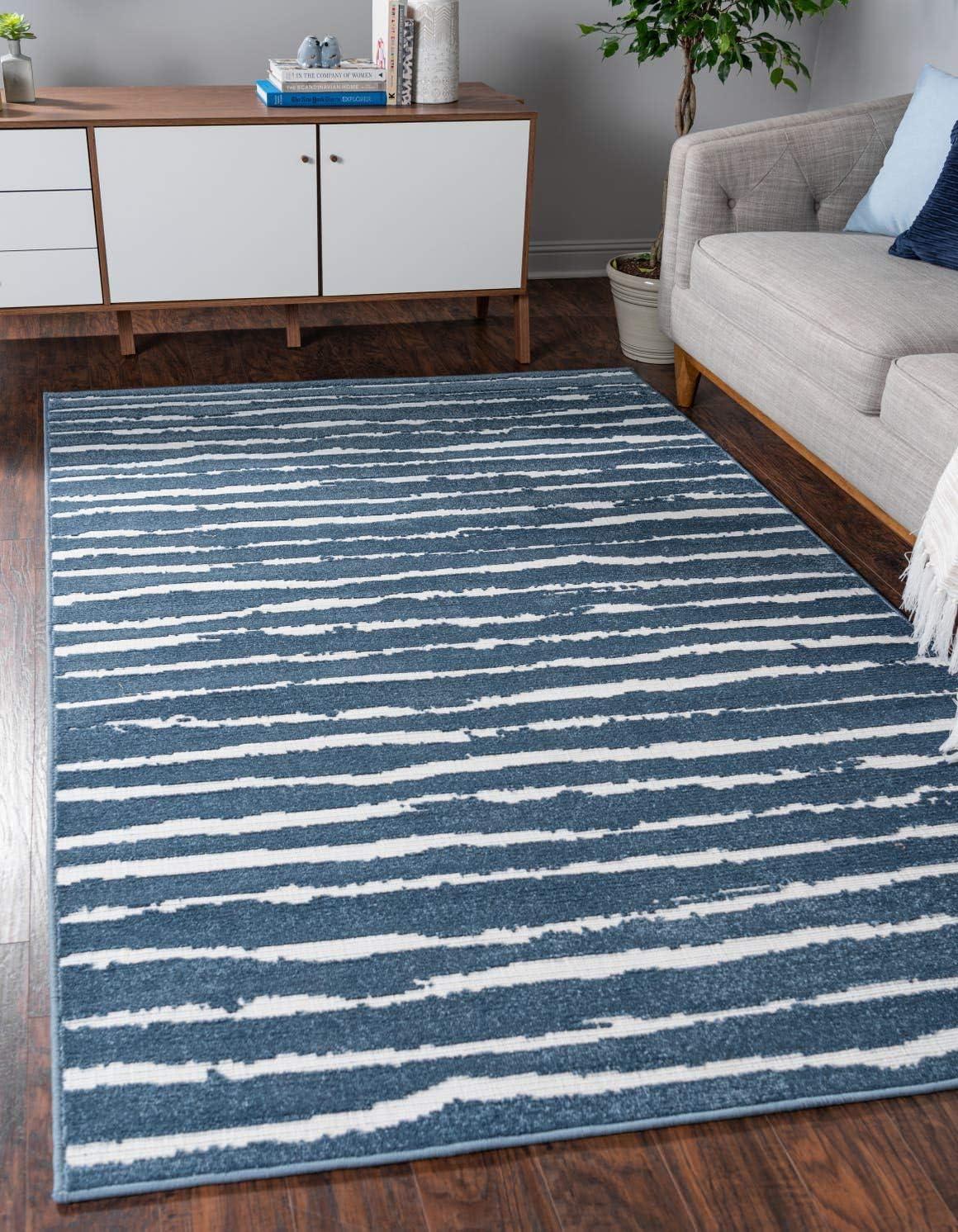 Coastal Breeze Blue Stripe Washable Outdoor Rug, 5' x 8'