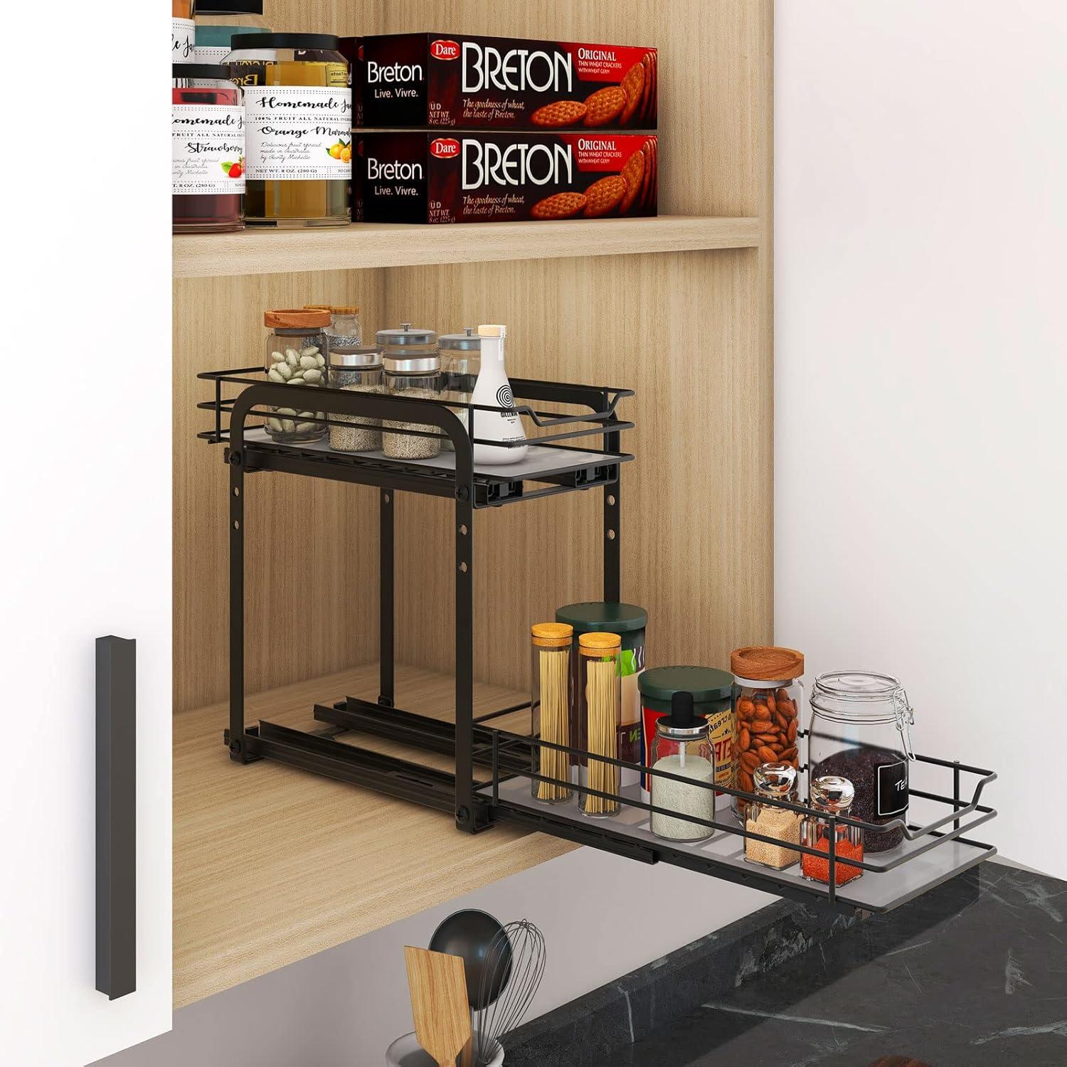 Black Metal 2-Tier Pull Out Spice Rack Organizer