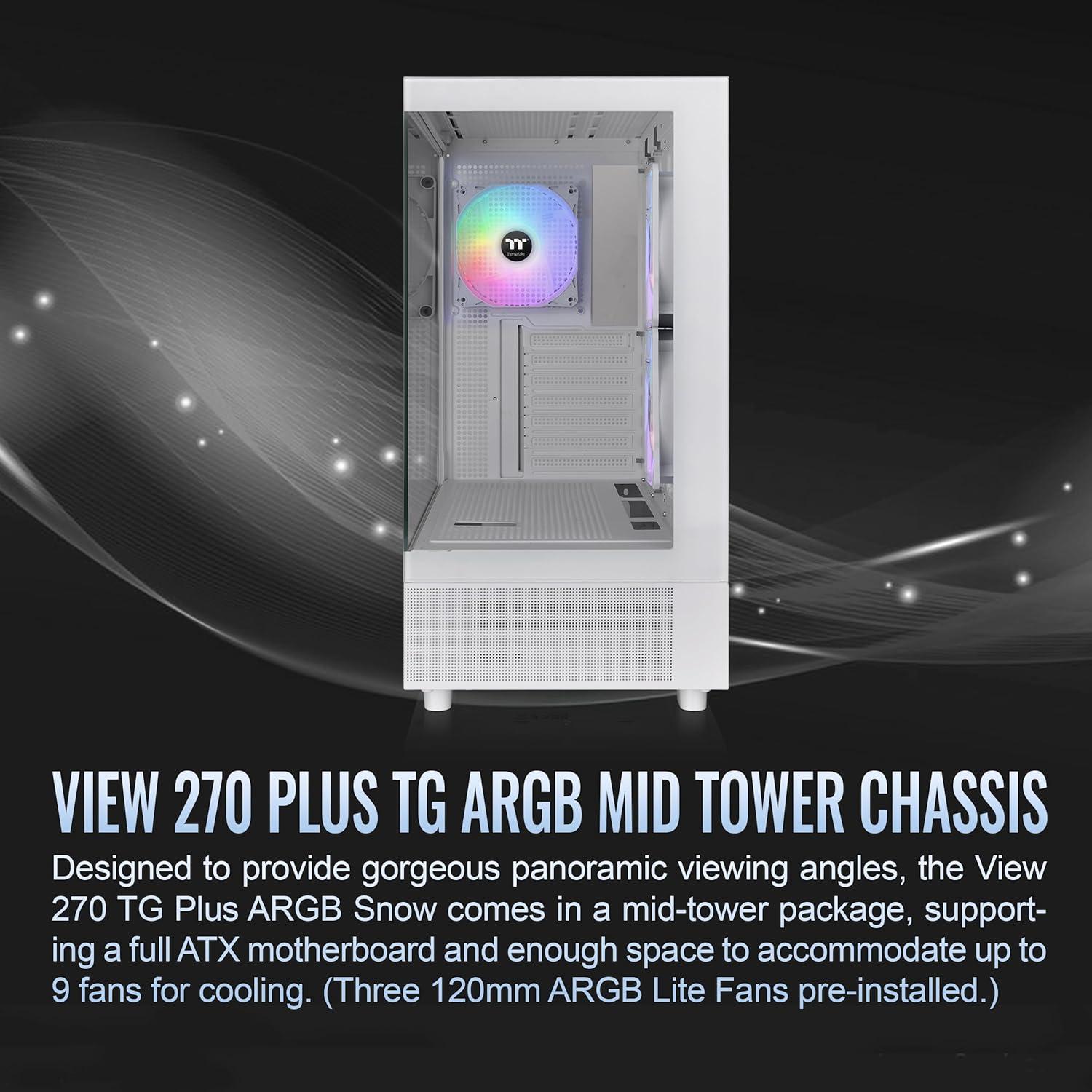 Thermaltake View 270 Plus TG ARGB Snow Mid Tower E-ATX Case 3x120mm ARGB Fans Included Support Up to 360mm Radiator Front & Side Dual Tempered Glass Panel CA-1Y7-00M6WN-01