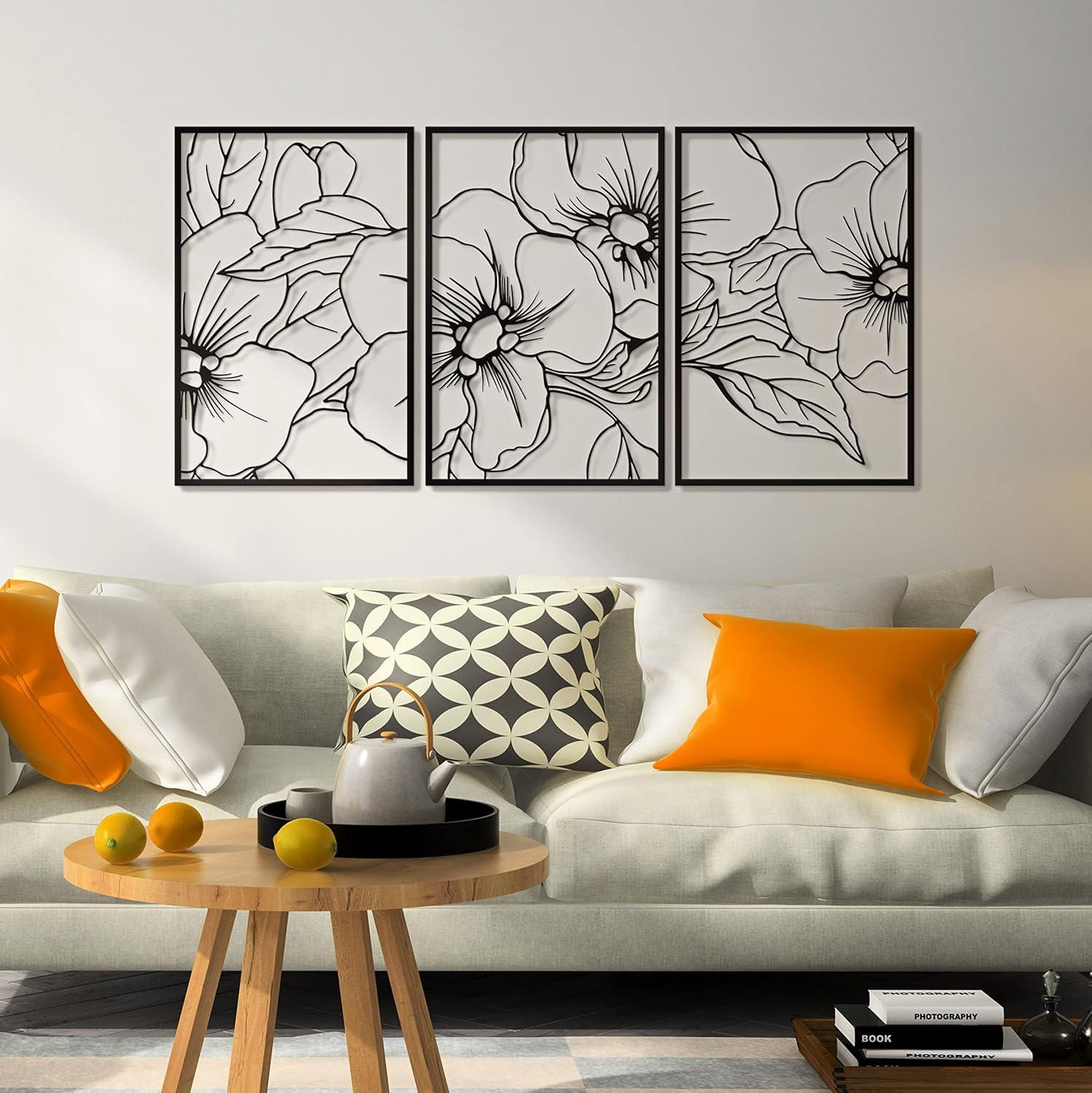 Black Metal Floral Abstract Wall Art Set of 3