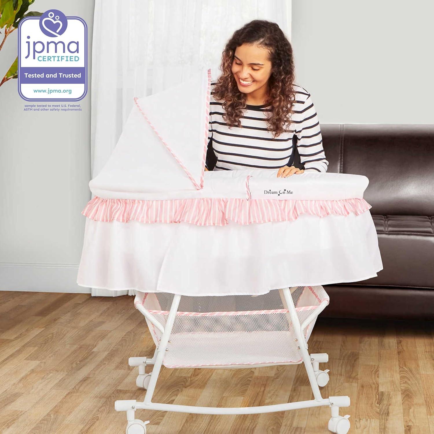 Dream On Me JPMA Certified Lacy Portable 2-in-1 Bassinet & Cradle, Pink/White