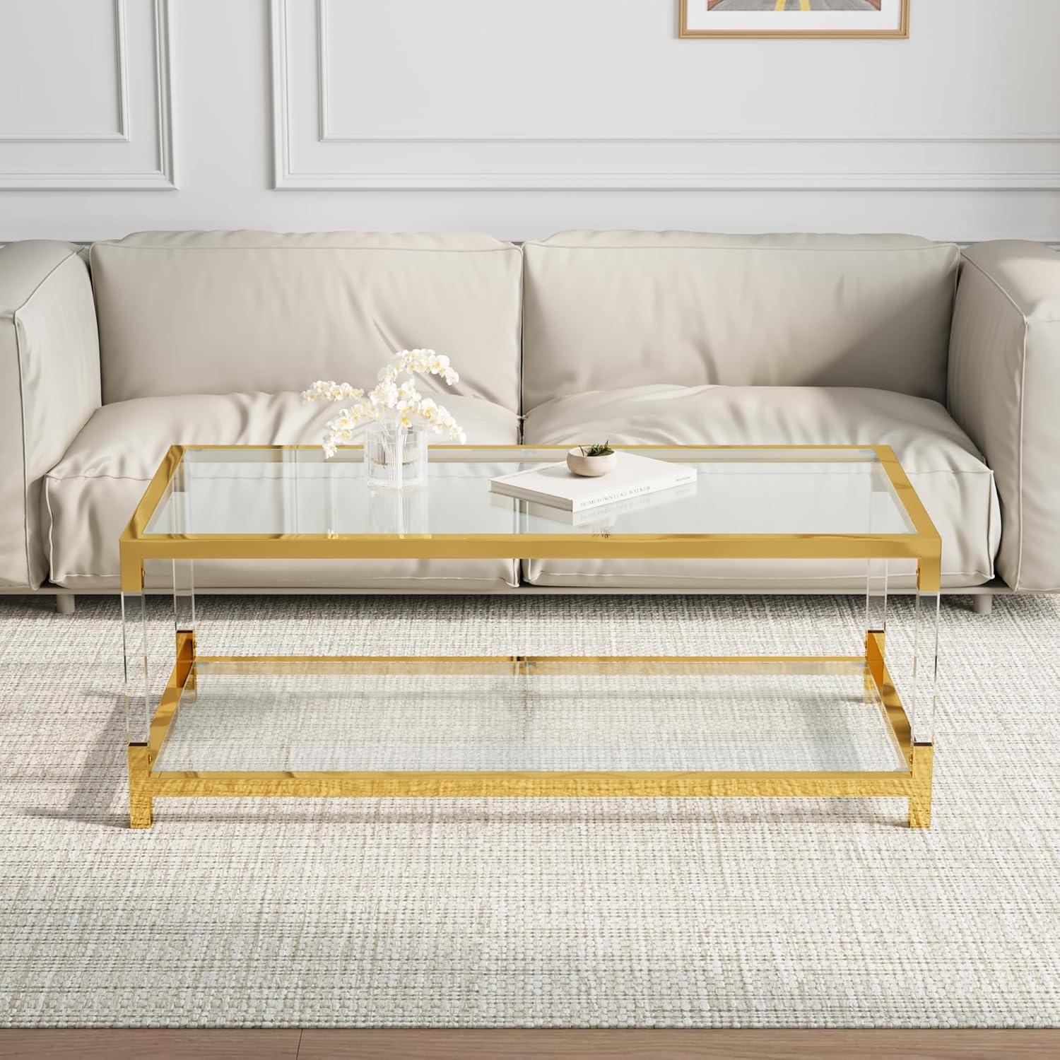 Modern Gold Glass Coffee Table with Acrylic Legs and Storage