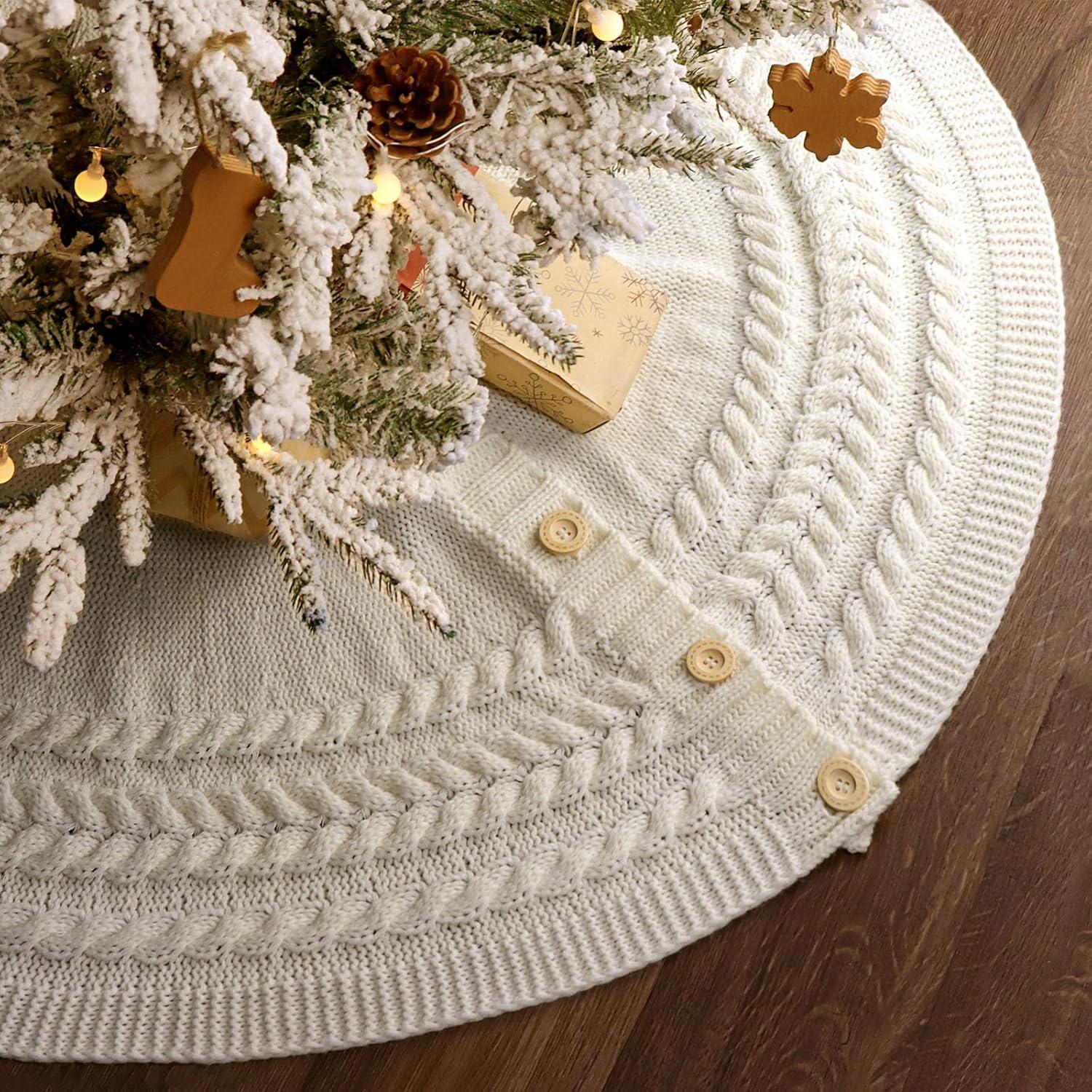 Knitted Christmas Tree Skirt: 48 Inches Cream White Tree Skirt, Diamond Edge Cable Knit Thick Rustic Christmas Tree Decorations, Holiday Christmas Decor Xmas Home Party Decorations