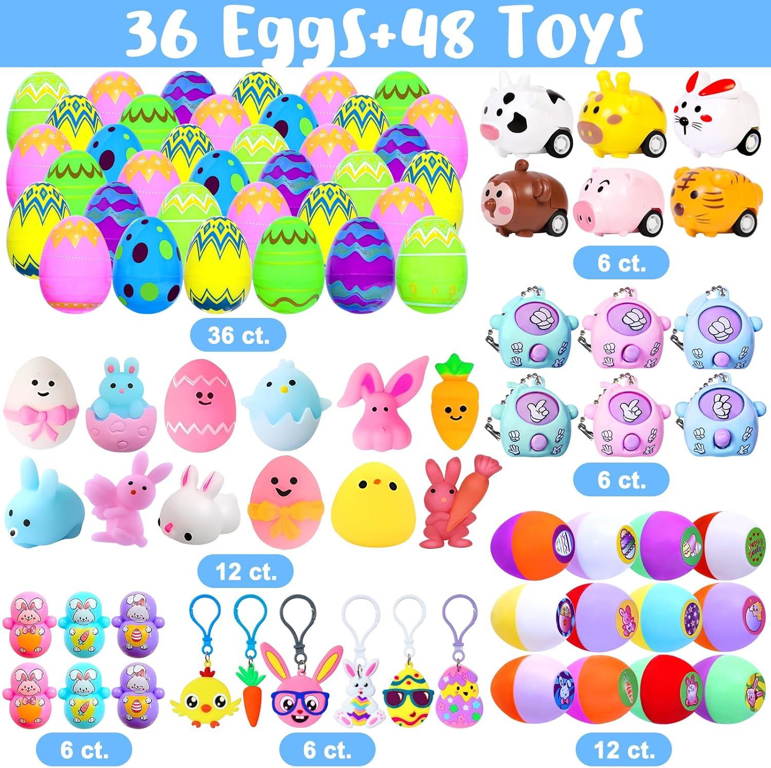 48 Pack Easter Egg Fillers, Basket Stuffers with Assorted Squishies and Stampers,Easter Party Favors, Egg Hunt, Gift Classroom Prize for Kids Boys Girls