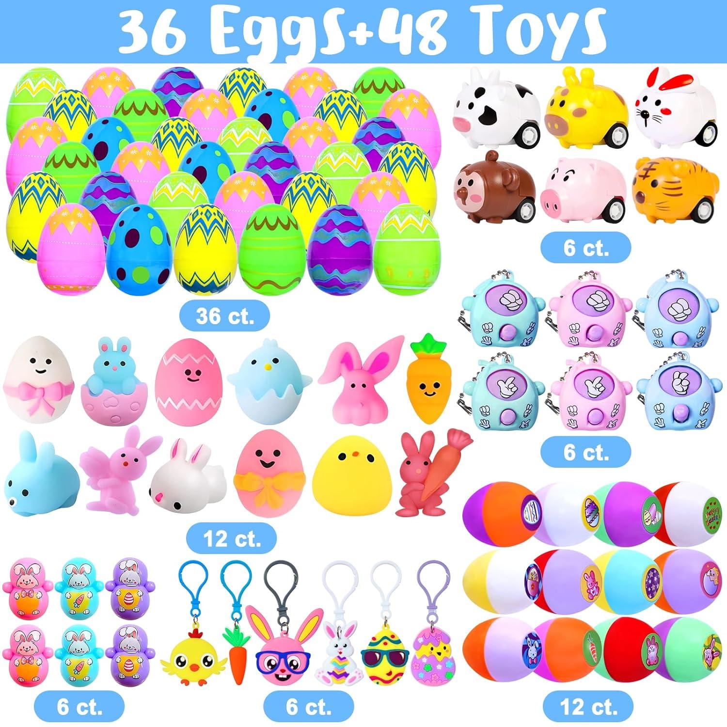 48 Pack Easter Egg Fillers, Basket Stuffers with Assorted Squishies and Stampers,Easter Party Favors, Egg Hunt, Gift Classroom Prize for Kids Boys Girls