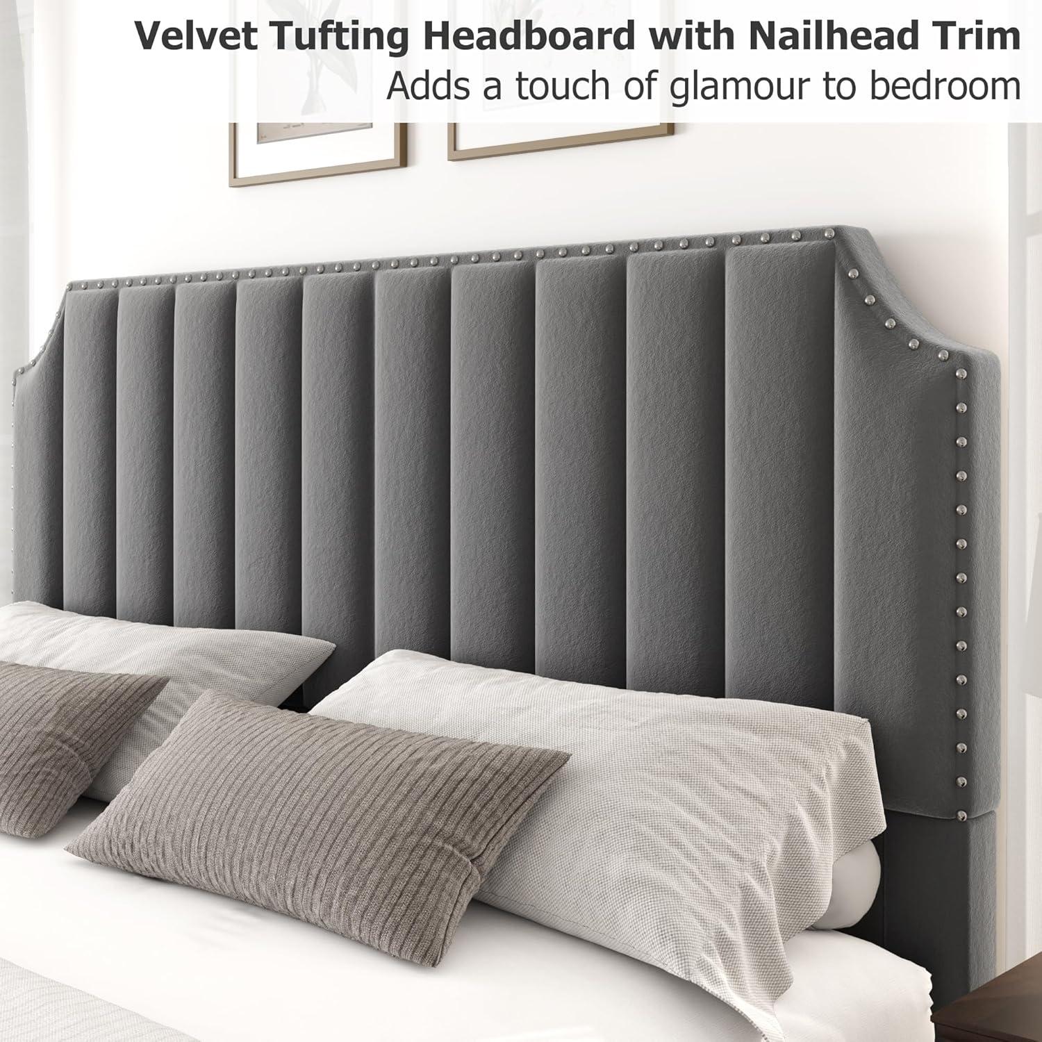 Queen Size Platform Bed Frame with 50.2" Headboard, Velvet Upholstered Bed Frame Queen with Vertical Channel Tufted Headboard & Footboard,Light Gray