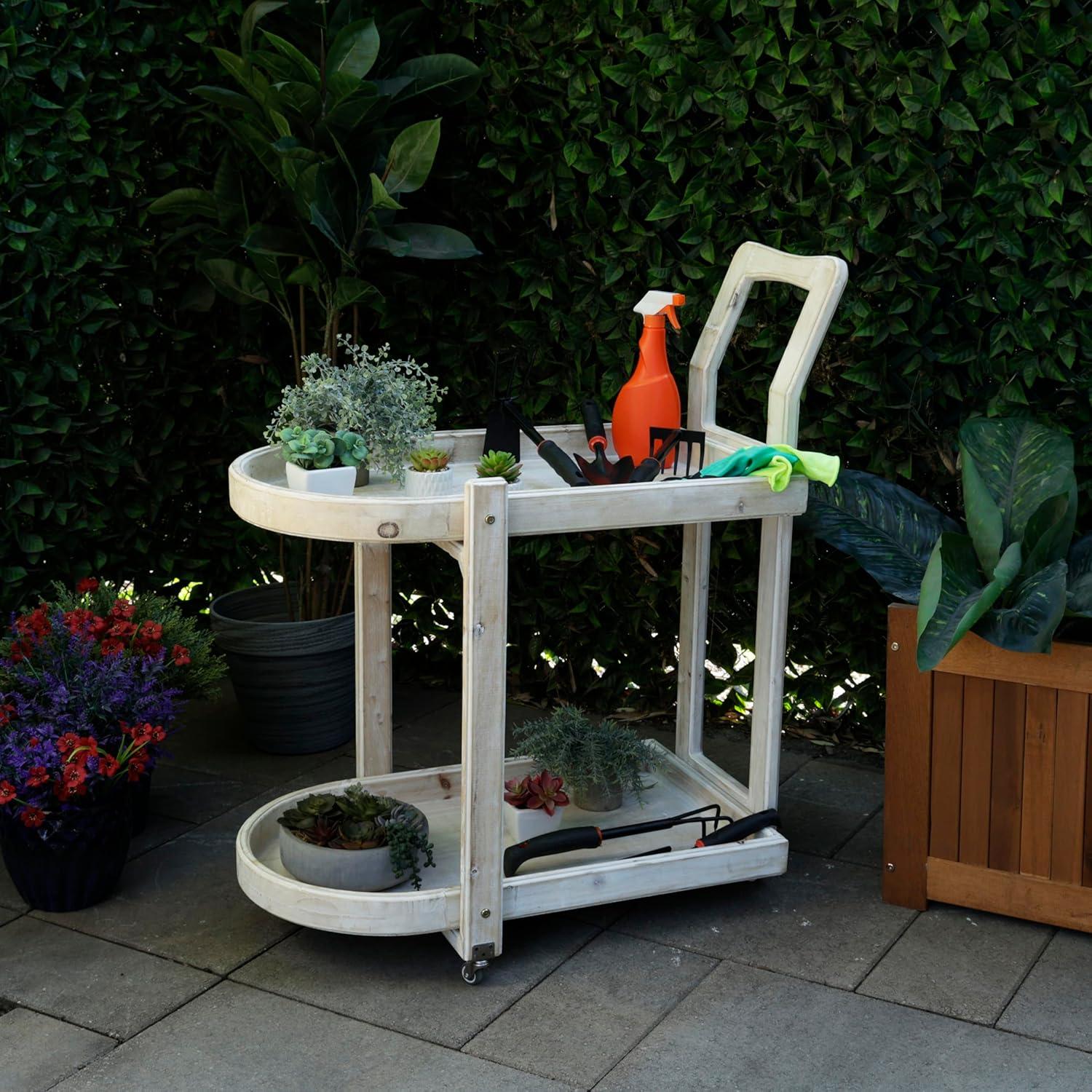 Alpine Corporation MBB174 Wood 2-Tier Rolling Storage Cart for Books, Plants, Decor, Rustic Storage Push Cart with 2 Shelves