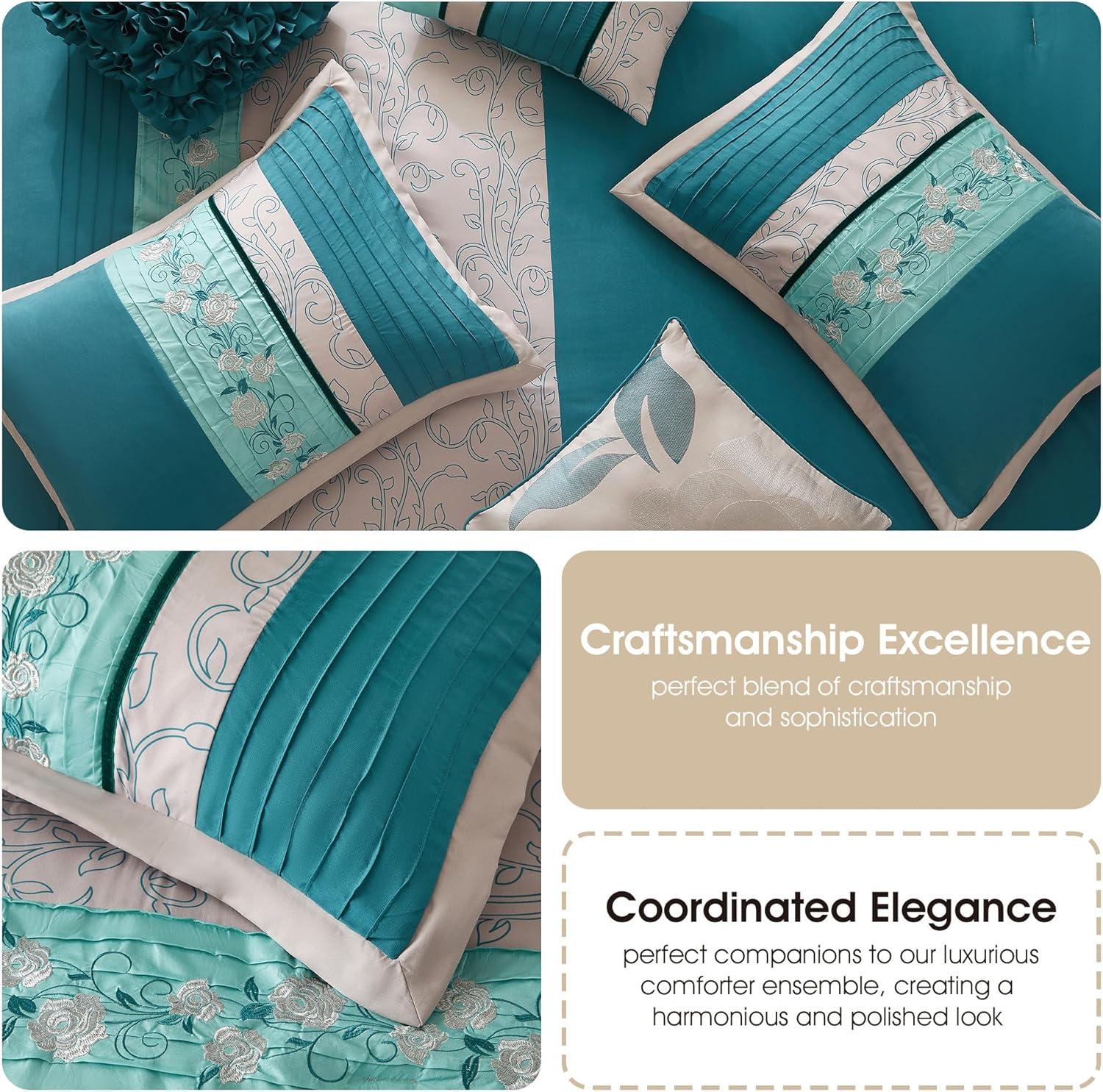 Lanco Dolores 7-Piece California King Comforter Set, Teal, Floral Fill Material 100% Polyester, All Season Premium Bedding Set