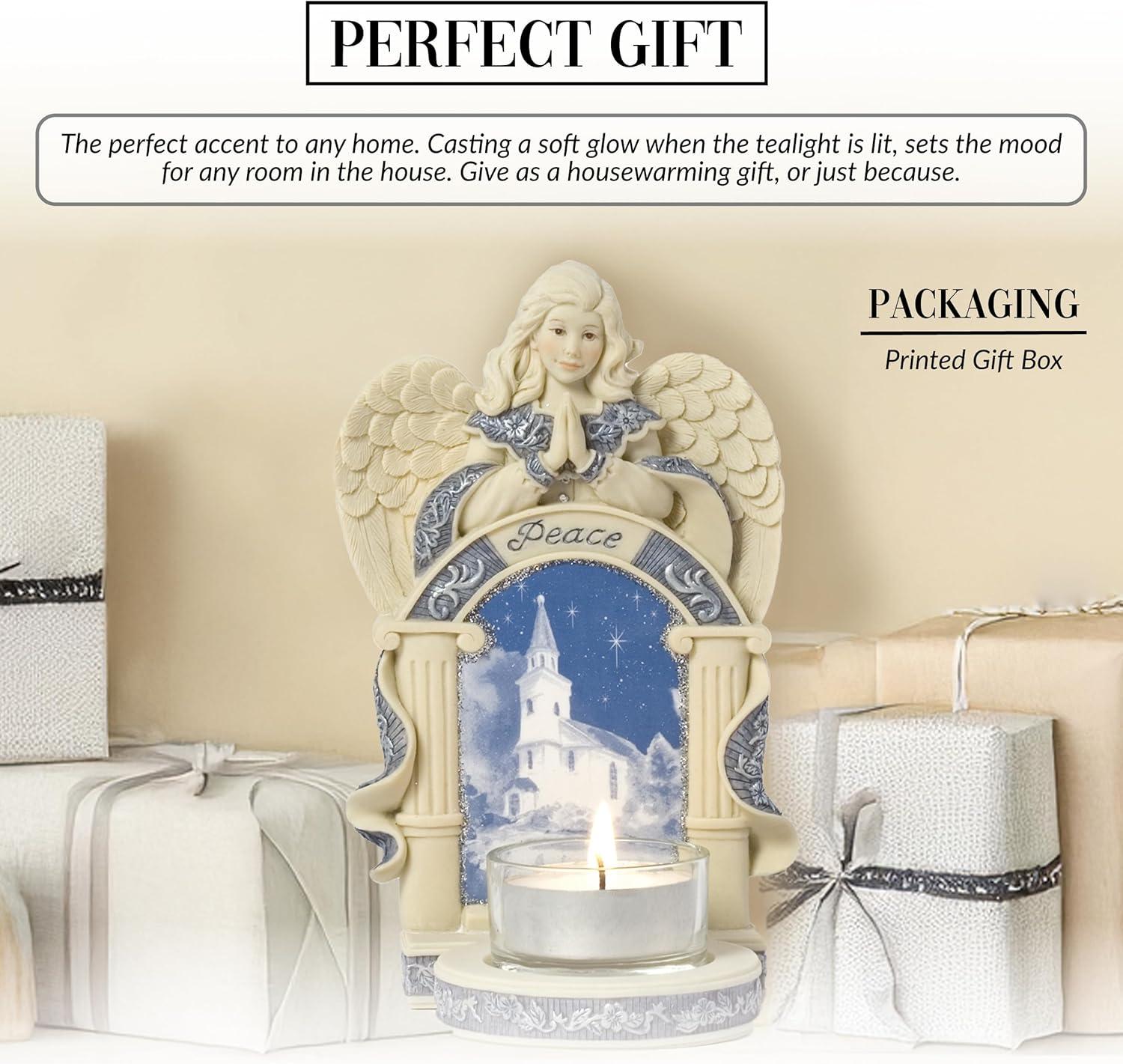 Pavilion Gift Company Angel w/Church Scene Figurine, Off-White, Blue