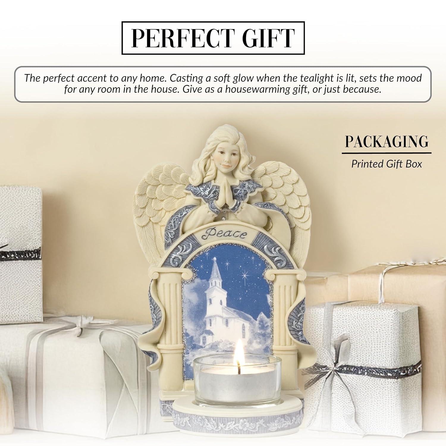 Pavilion Gift Company Angel w/Church Scene Figurine, Off-White, Blue